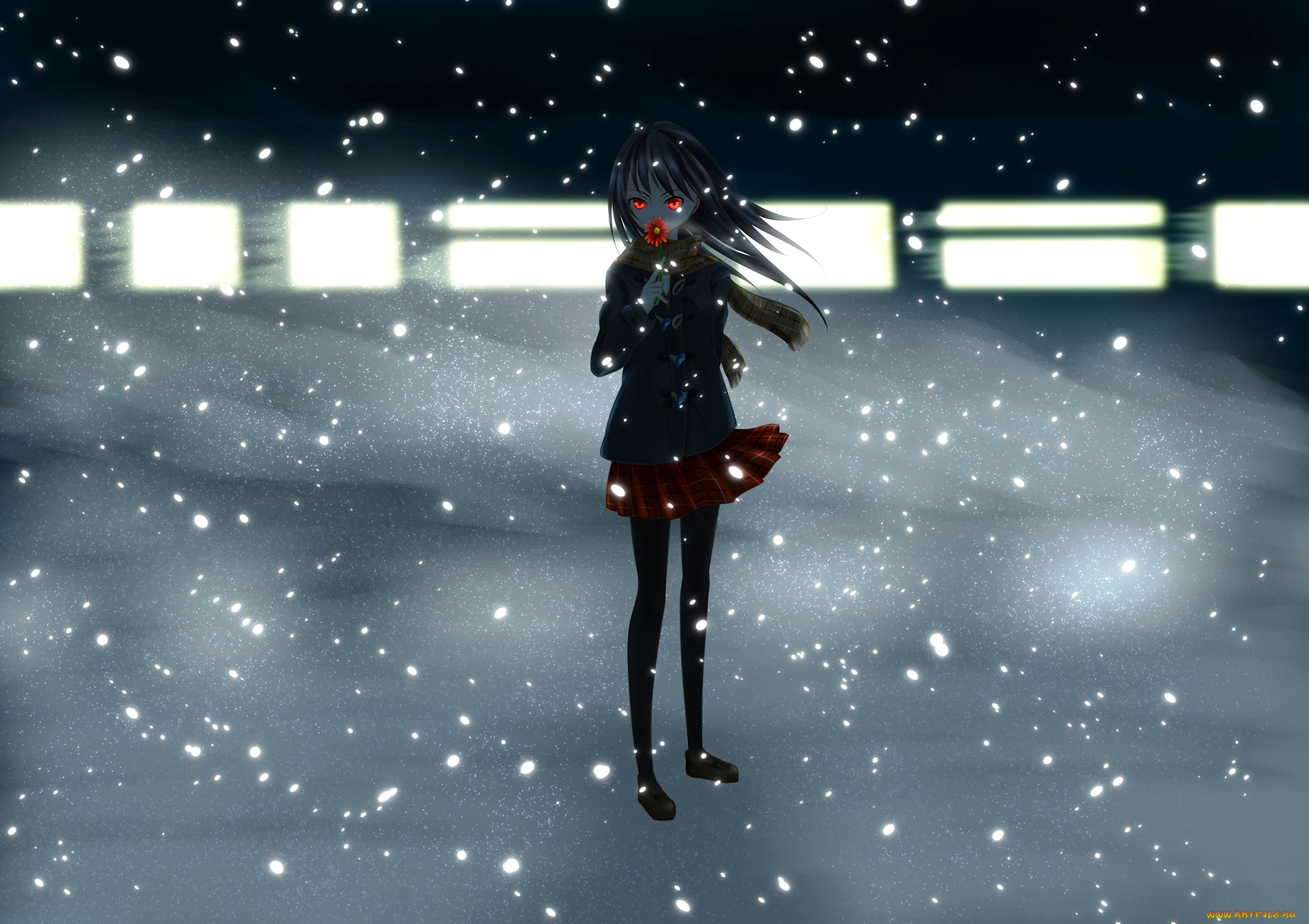 аниме, зима, , новый, год, , рождество, девушка, взгляд, фон