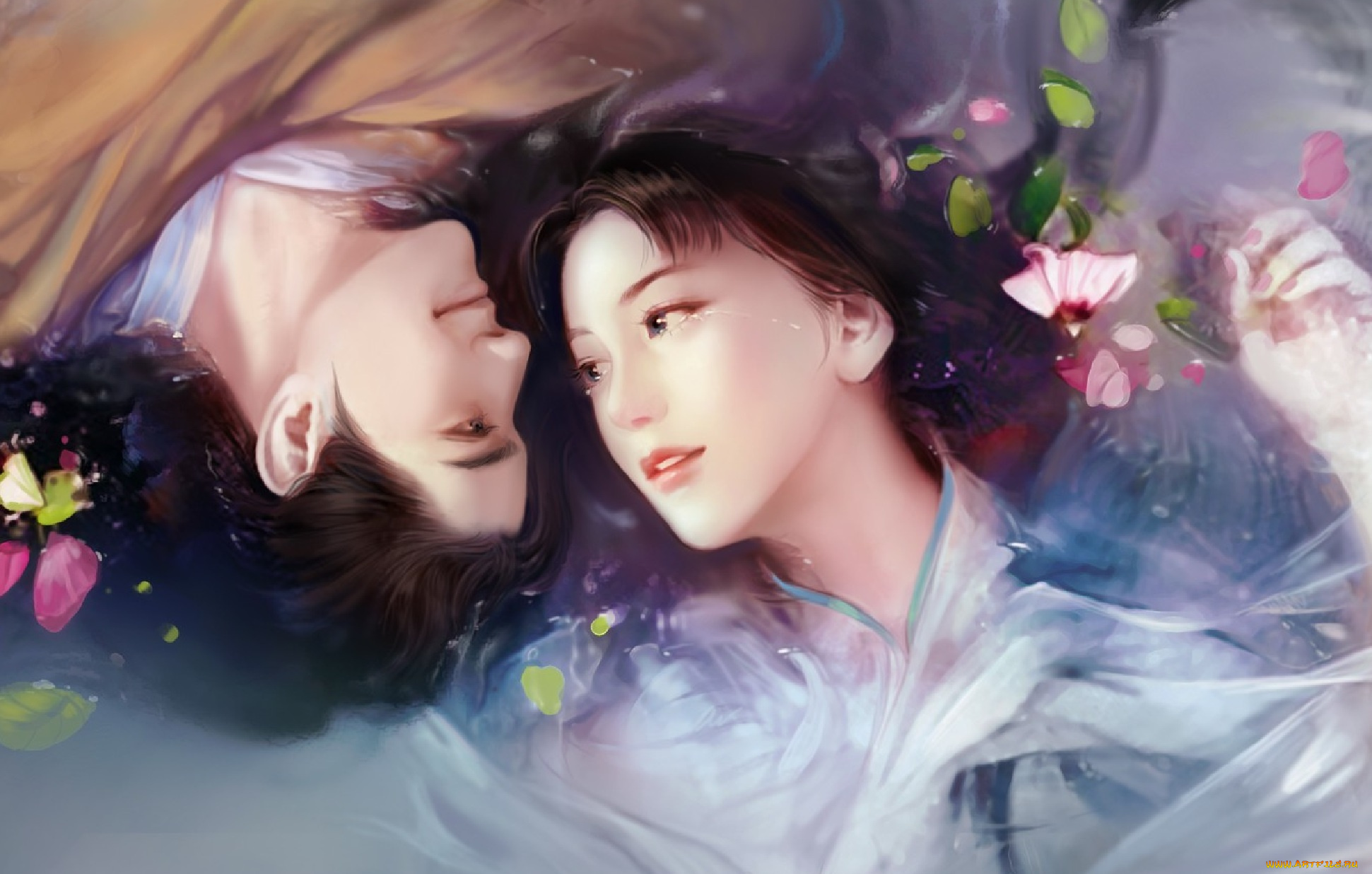 рисованное, люди, девушка, взгляд, фон, парень