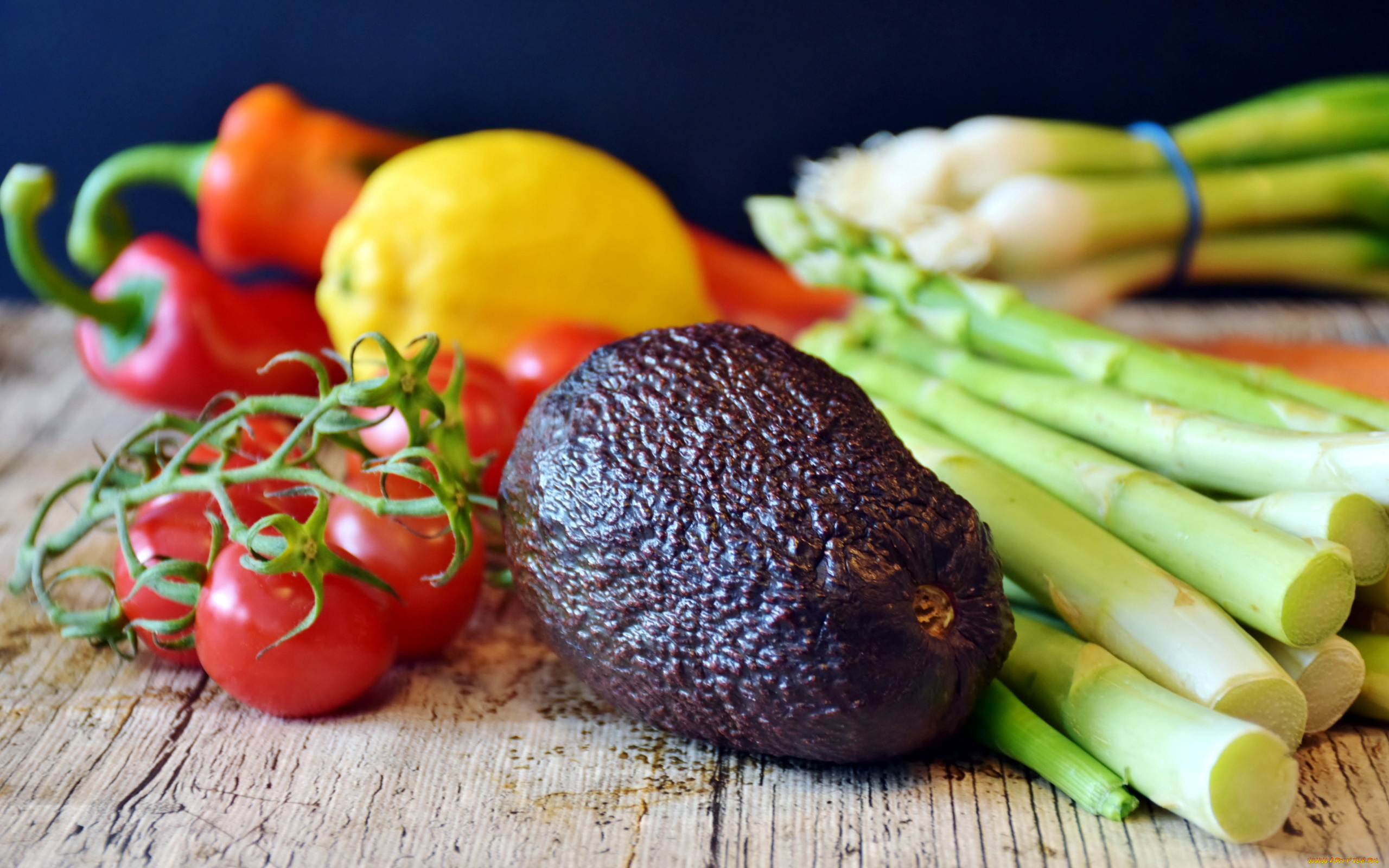 еда, фрукты, и, овощи, вместе, авокадо, лук, спаржа, лимон, перец, помидоры, томаты