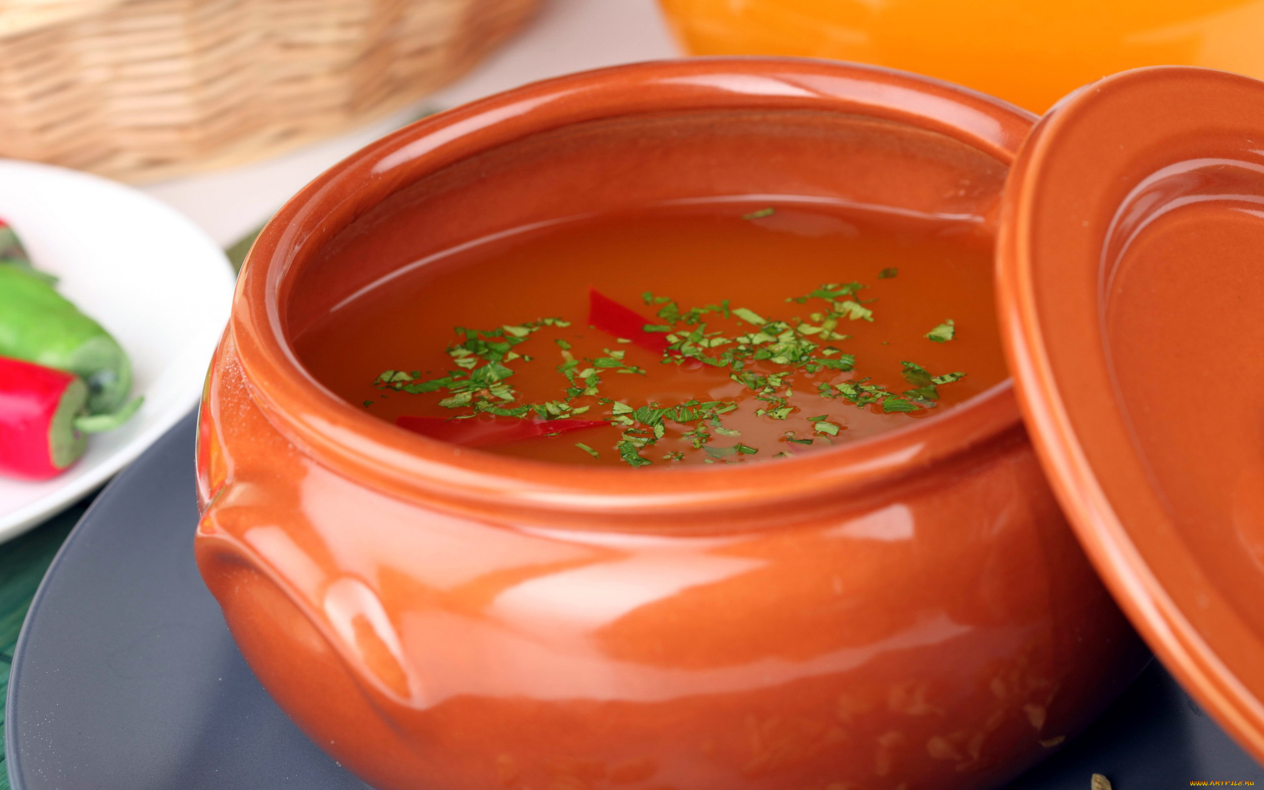 еда, первые, блюда, горшочек, суп, зелень