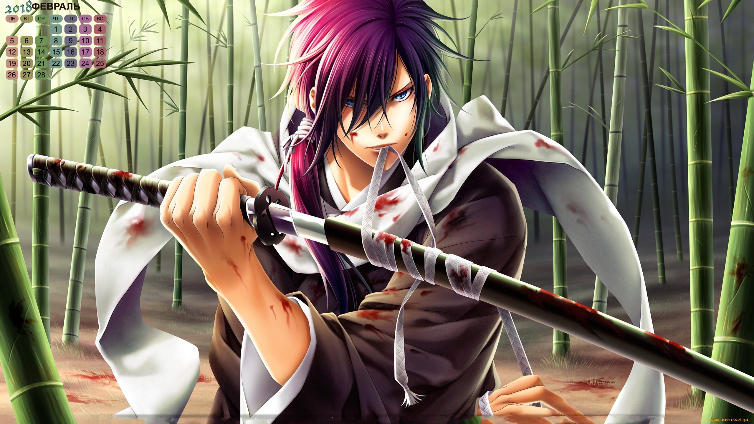 календари, аниме, лицо, 2018, парень, взгляд, катана, кровь