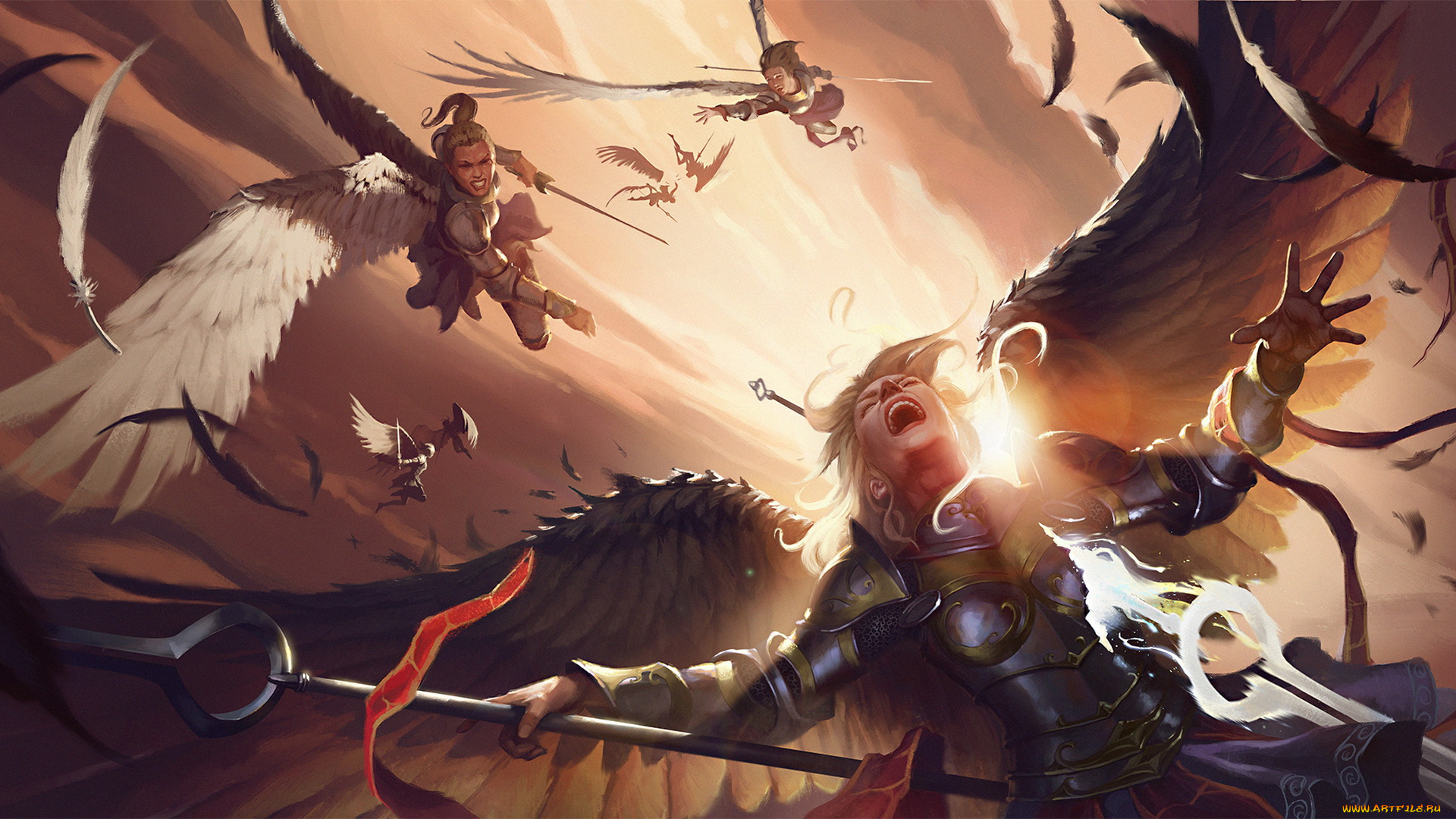 фэнтези, ангелы, девушки, бой, крылья, латы, униформа, фон