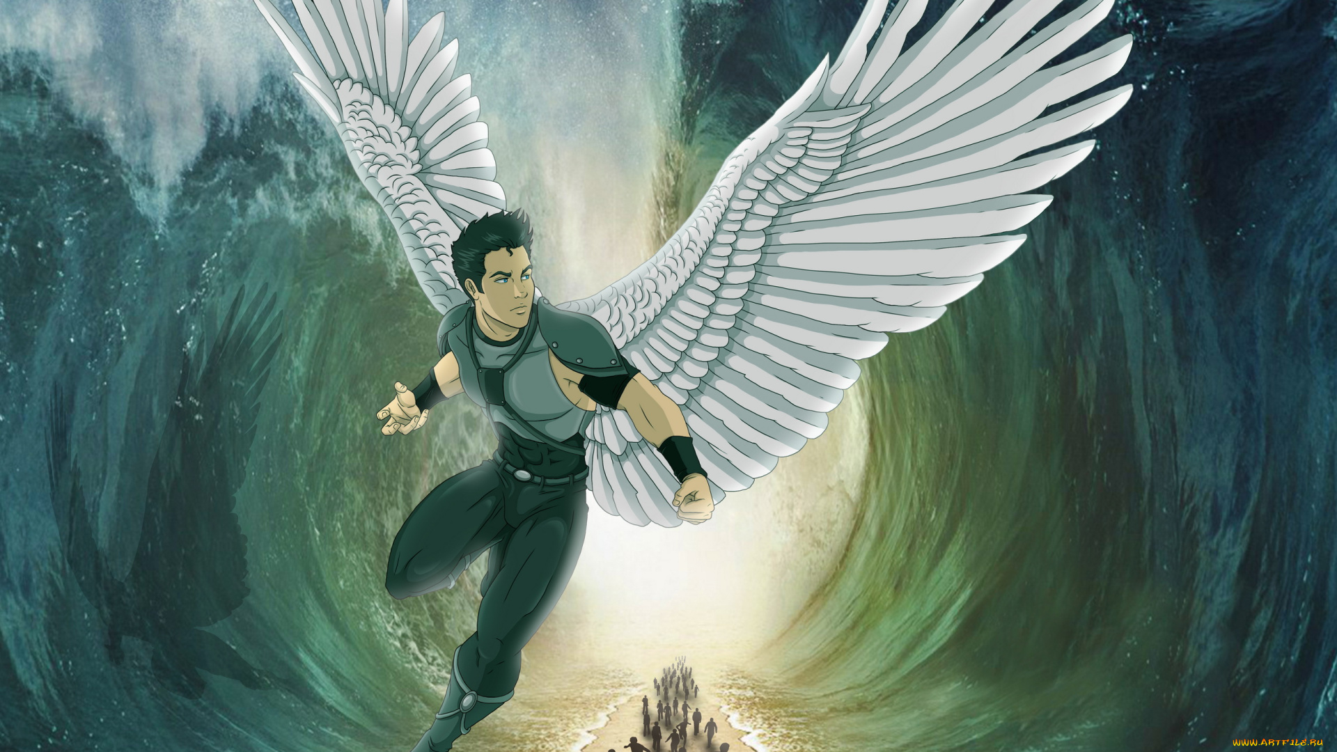 фэнтези, ангелы, фон, мужчина, дорога, люди, вода, крылья