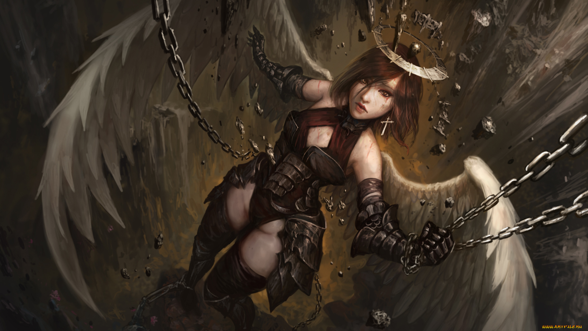 фэнтези, ангелы, взгляд, цепь, нимб, девушка, фон, крылья