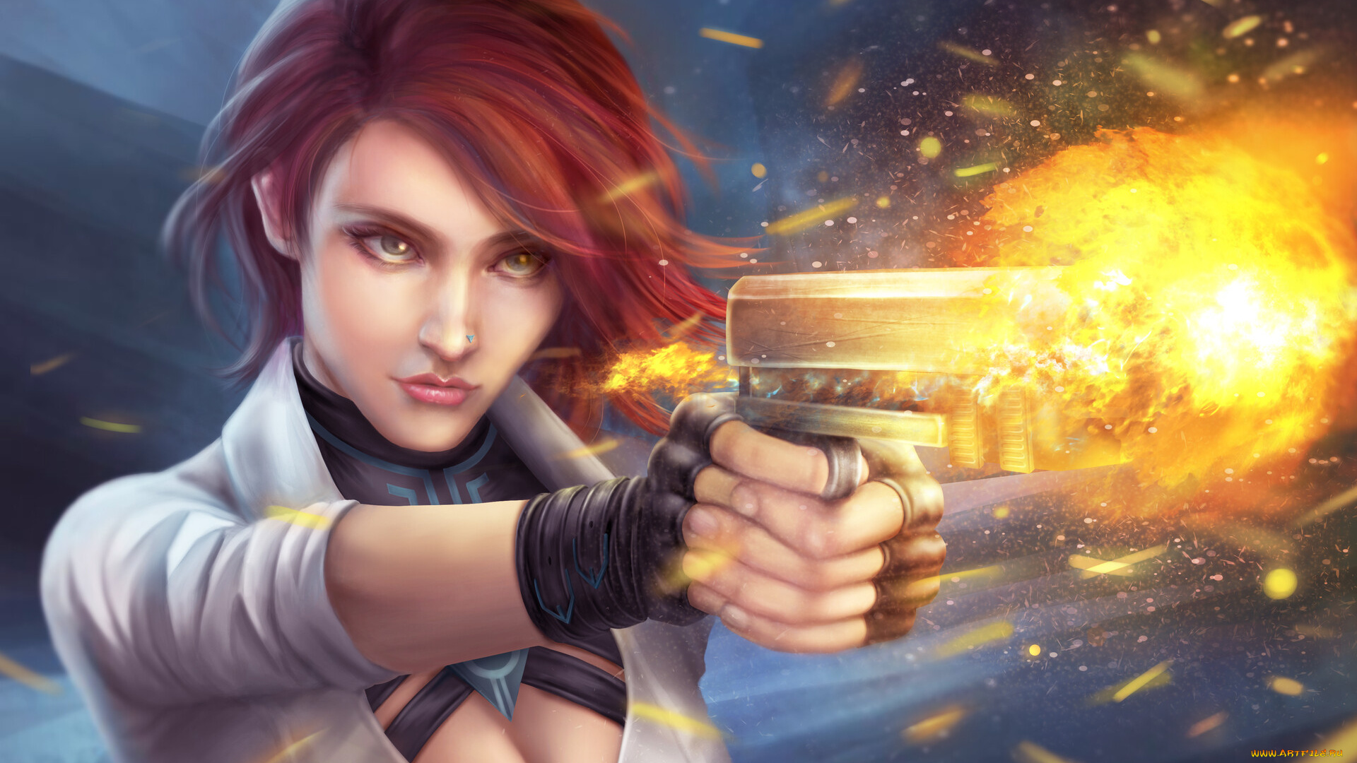 фэнтези, девушки, взгляд, фон, девушка, выстрел, пистолет