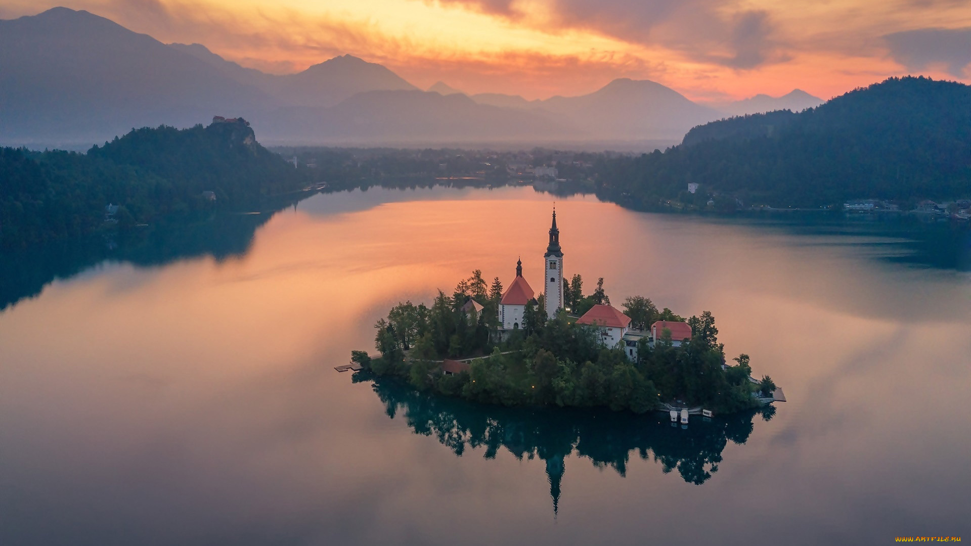 города, блед, , словения, церковь, озеро, горы