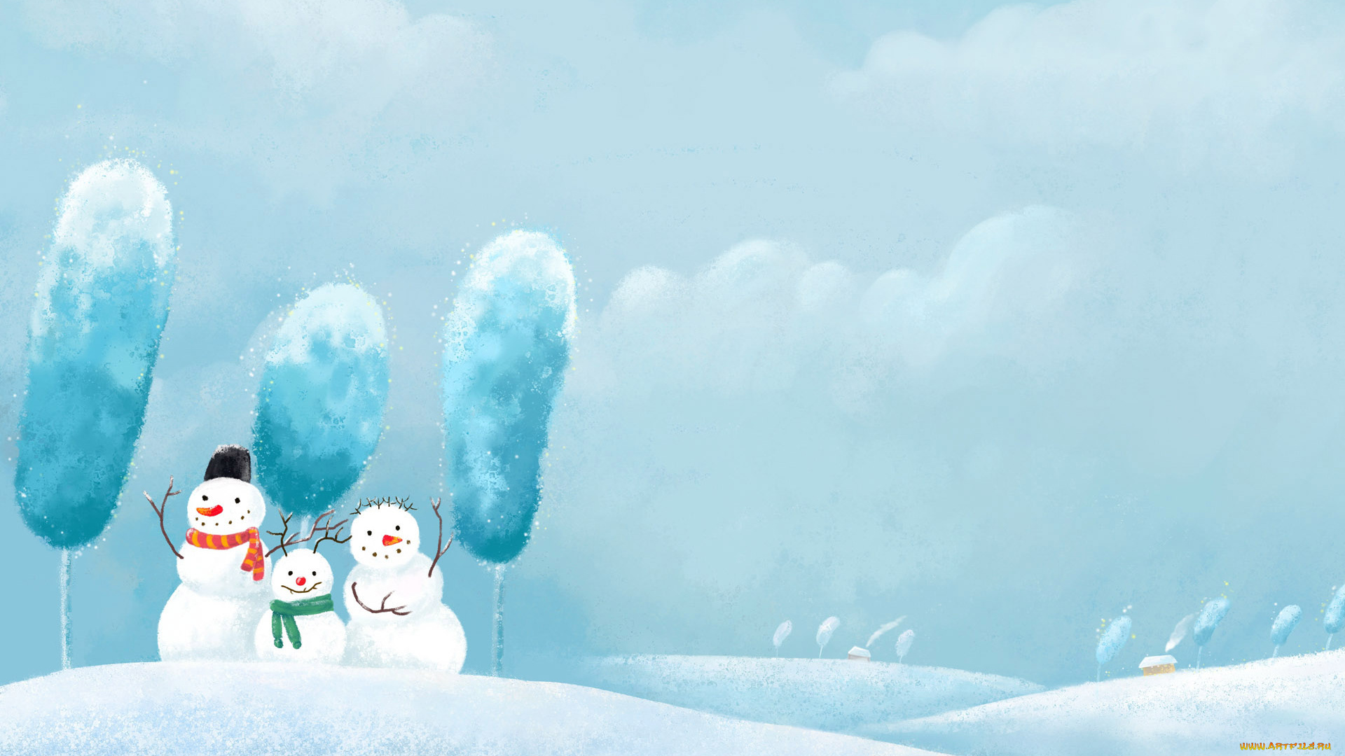 рисованное, -, другое, дома, снег, деревья, снеговики