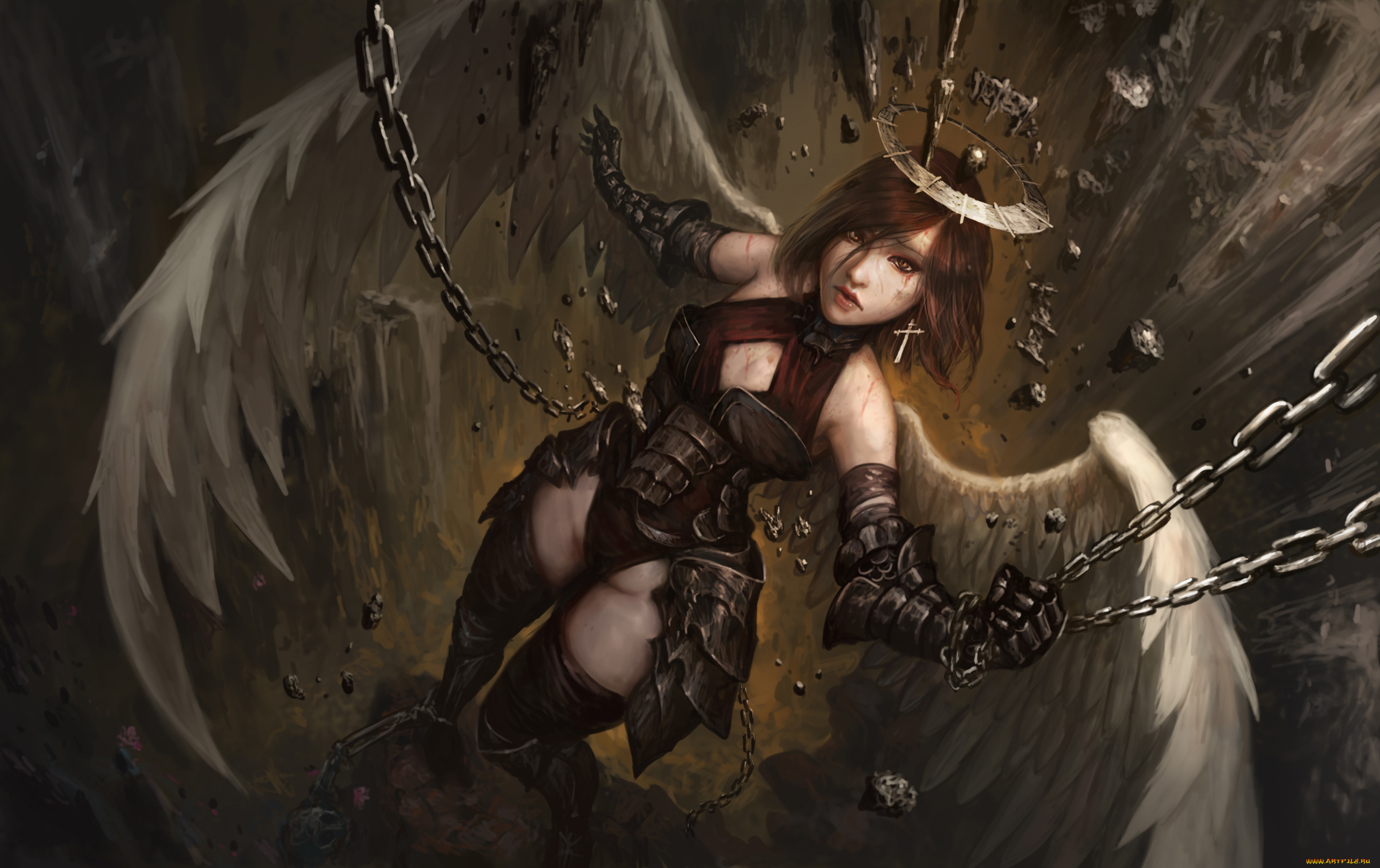 фэнтези, ангелы, взгляд, цепь, нимб, девушка, фон, крылья