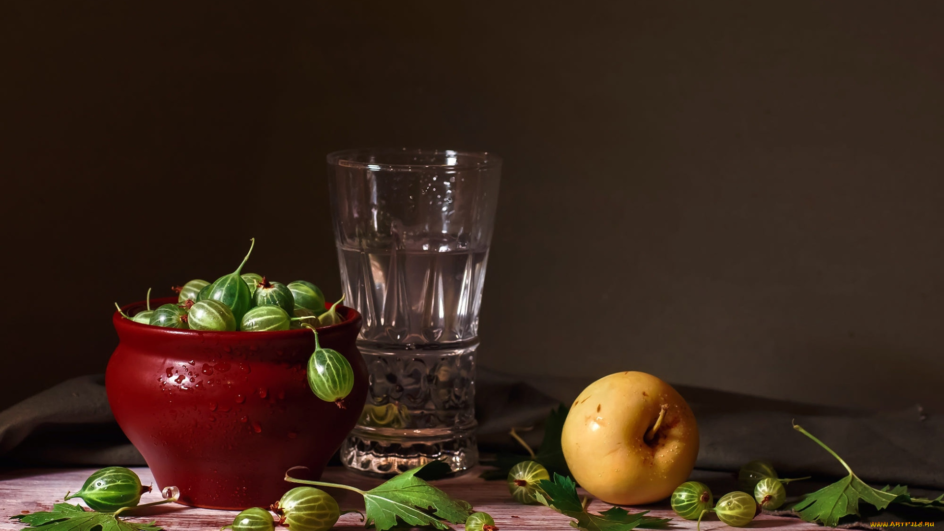 еда, фрукты, , ягоды, стакан, вода, крыжовник, яблоко