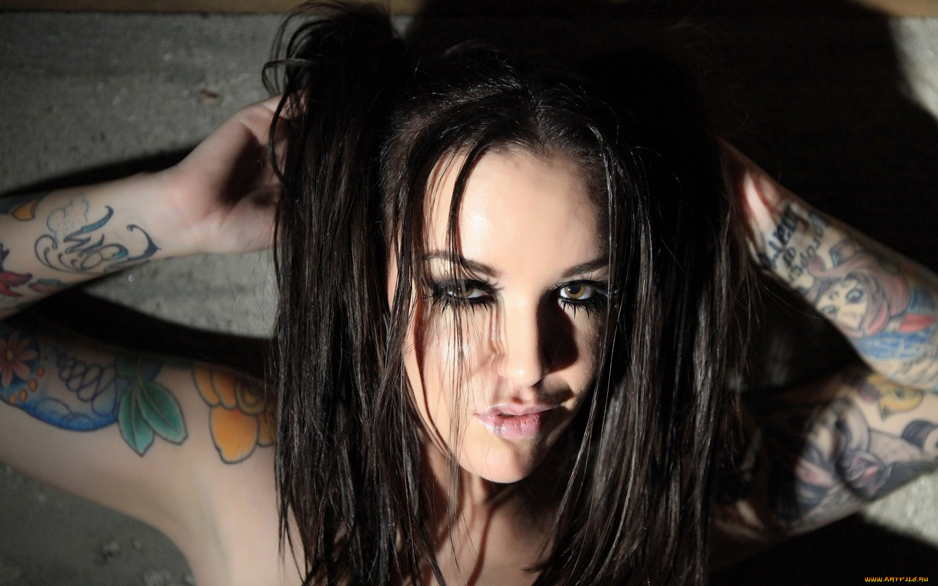 девушки, -, лица, , портреты, брюнетка, лицо, тату