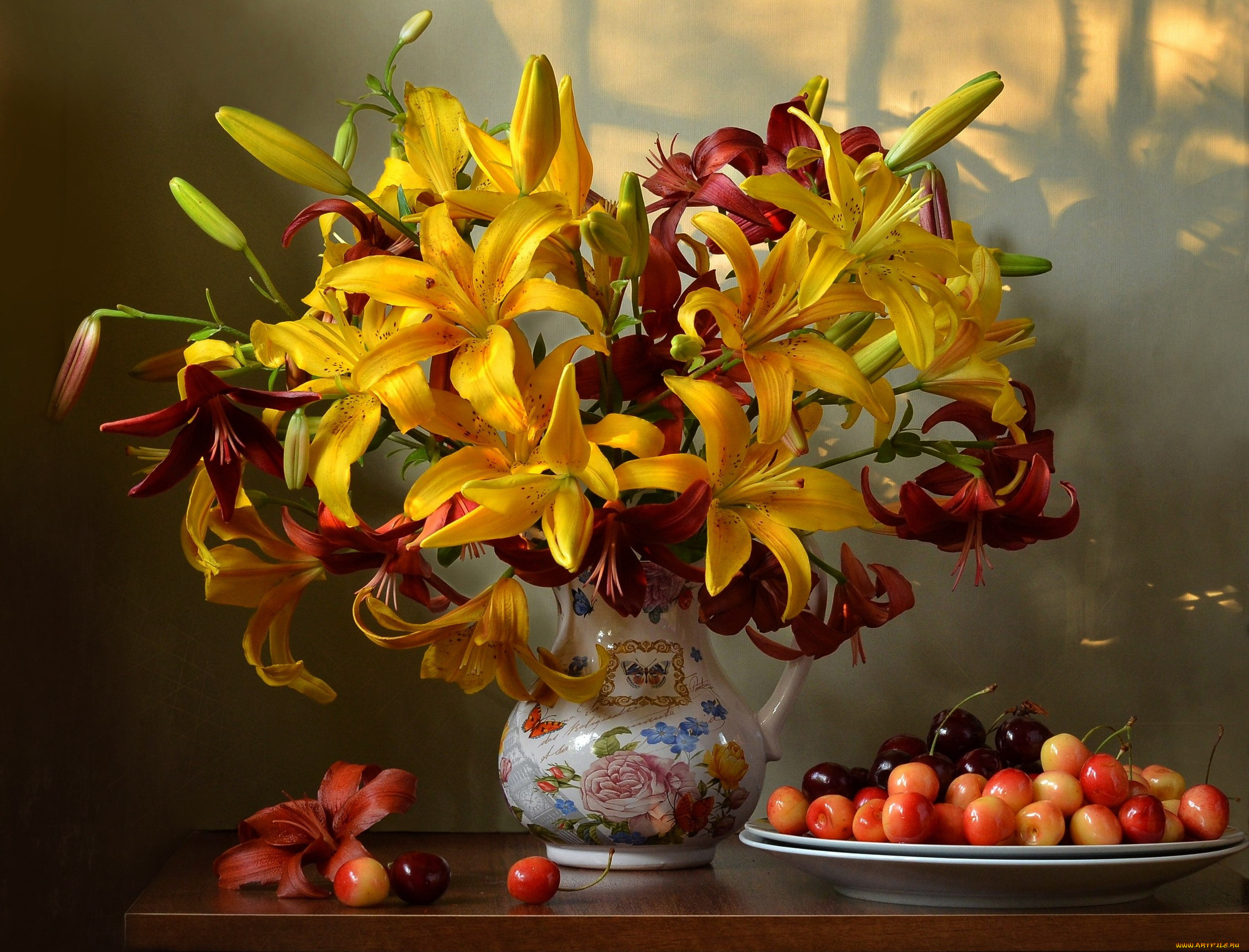 еда, вишня, , черешня, букет, лилии, черешня, цветы