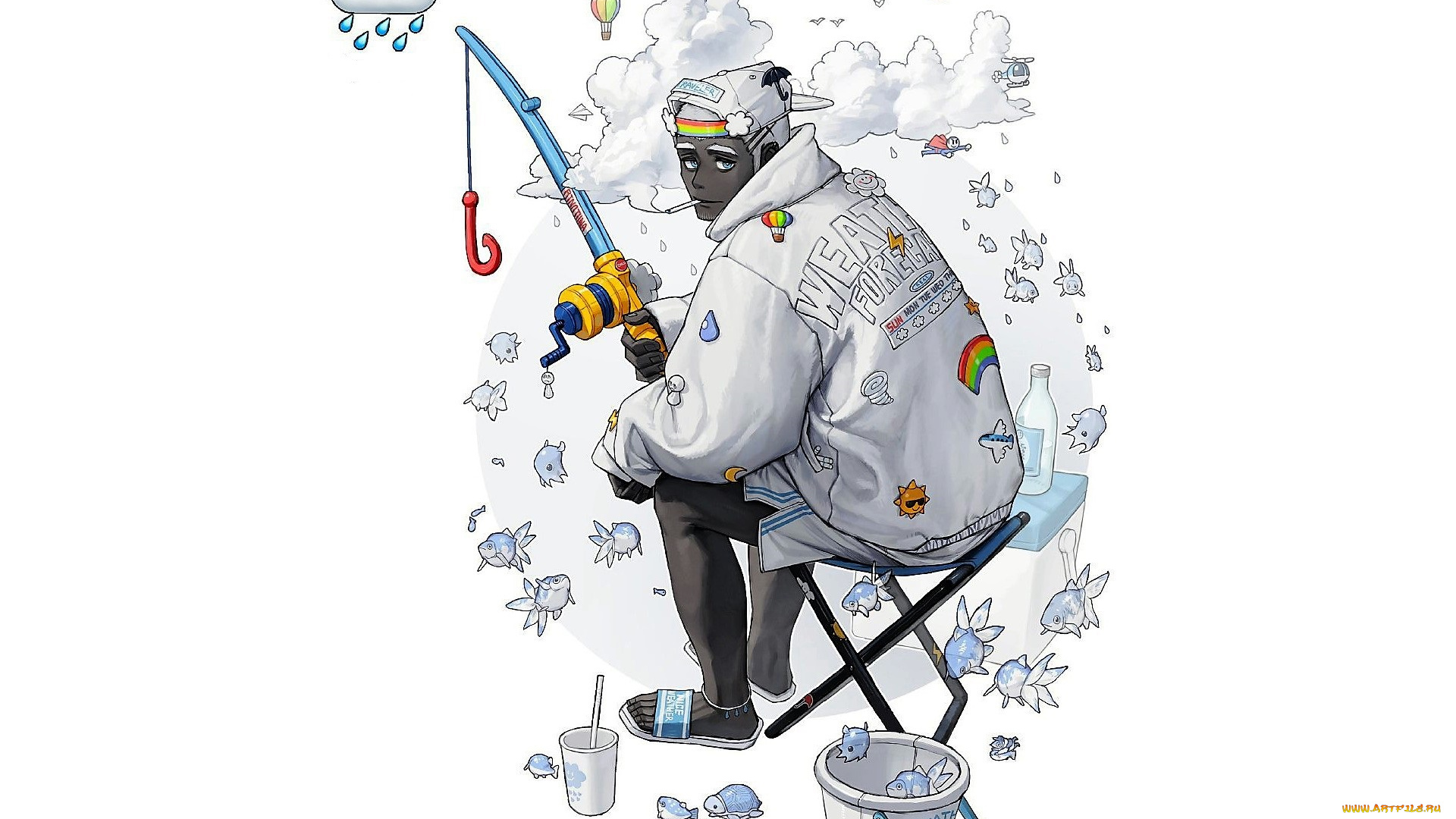 аниме, unknown, , другое, , парень, удочка, облака, рыбки, ведро