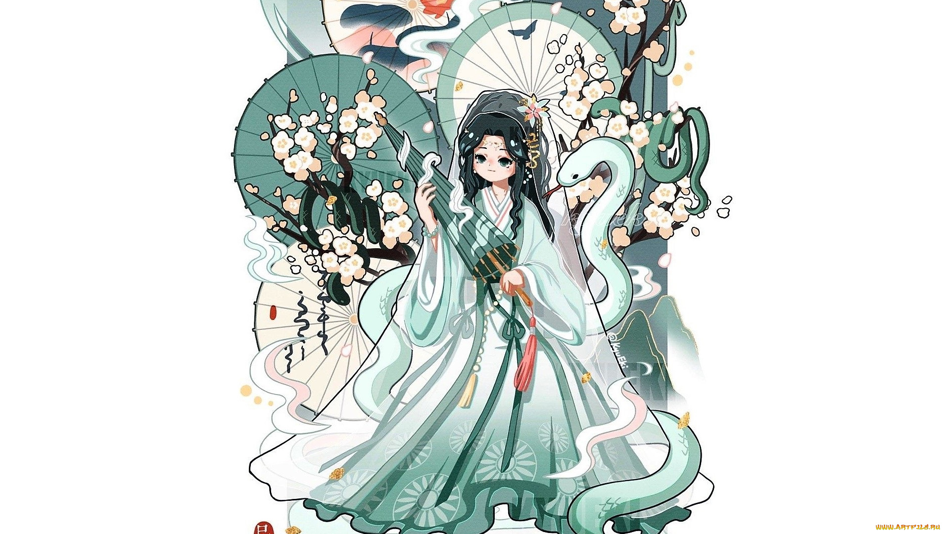 аниме, животные, , существа, девушка, зонты, змея