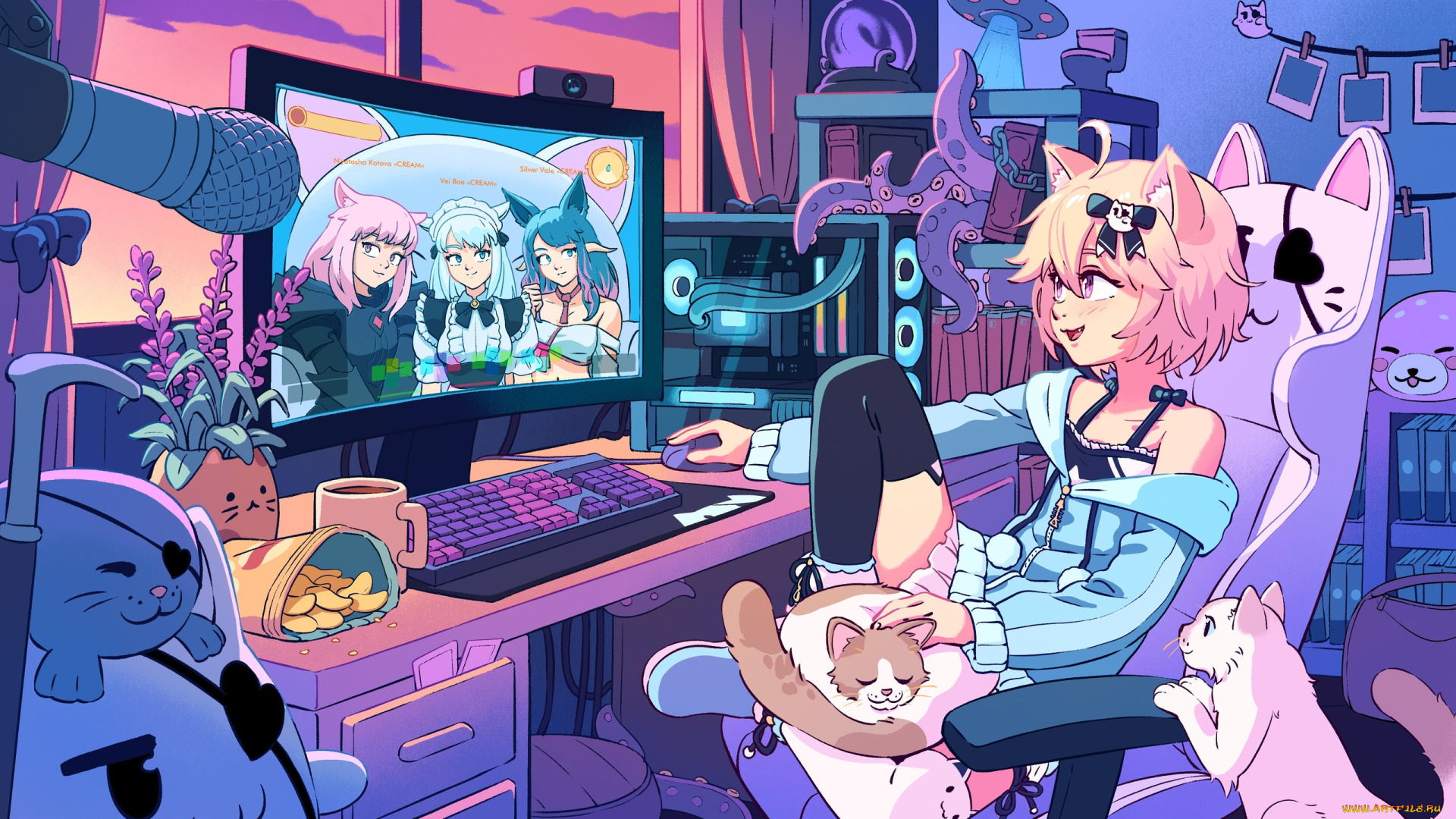 аниме, животные, , существа, девушки, кошки, компьютер