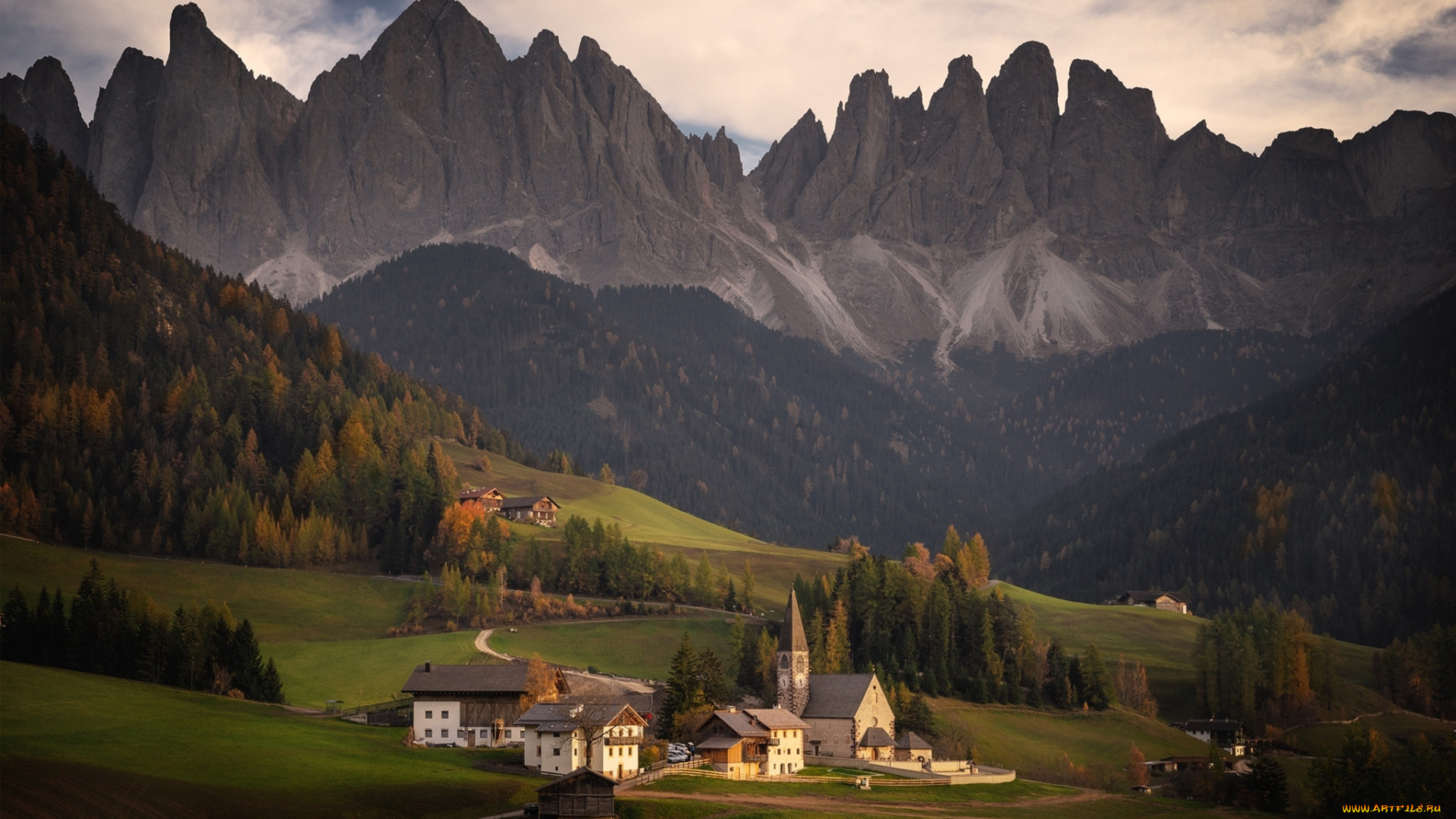 города, валь-де-фюнес, , санта-маддалена, , италия, горы, лес, долина, дома