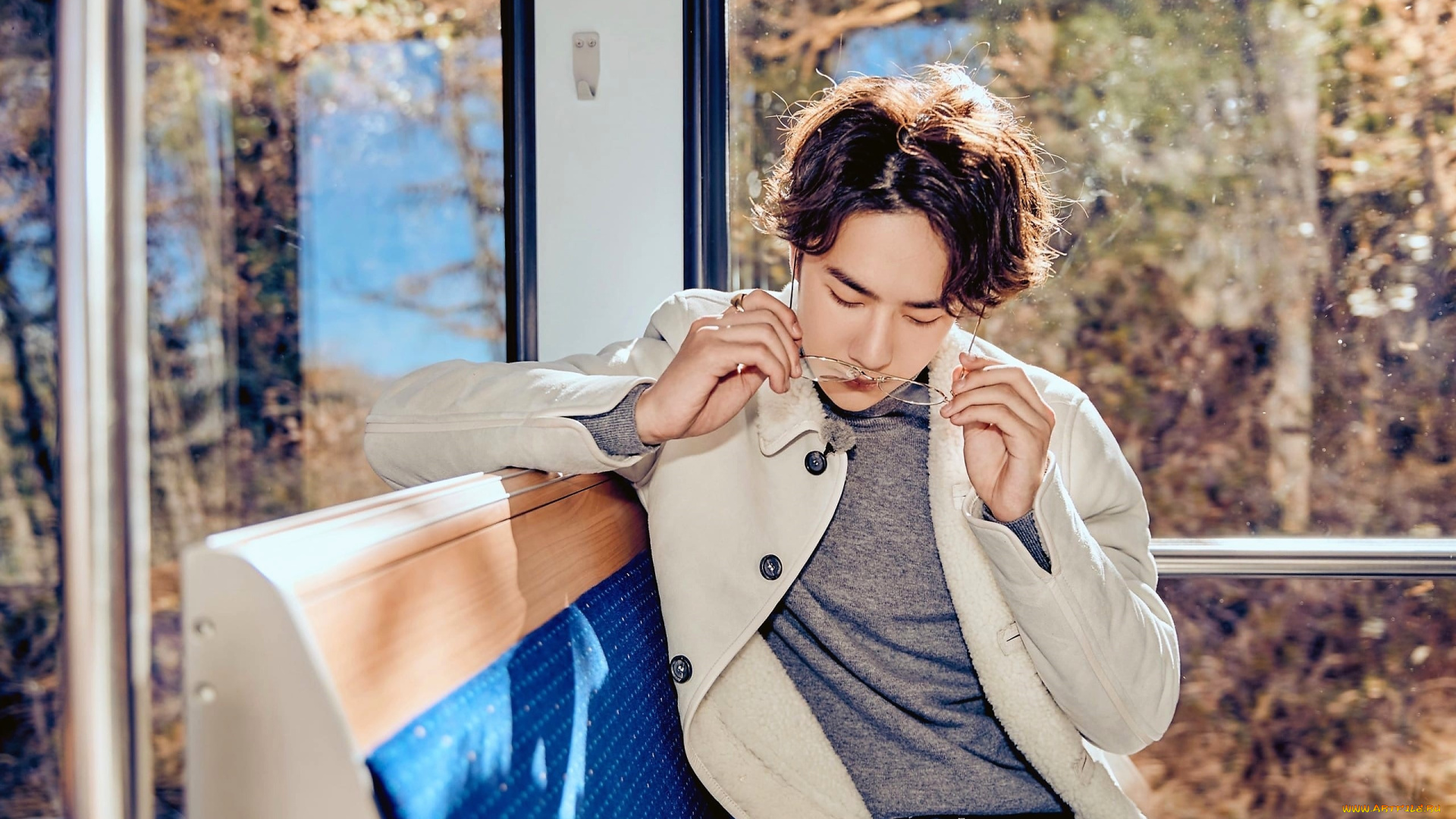 мужчины, wang, yi, bo, актер, куртка, очки, автобус