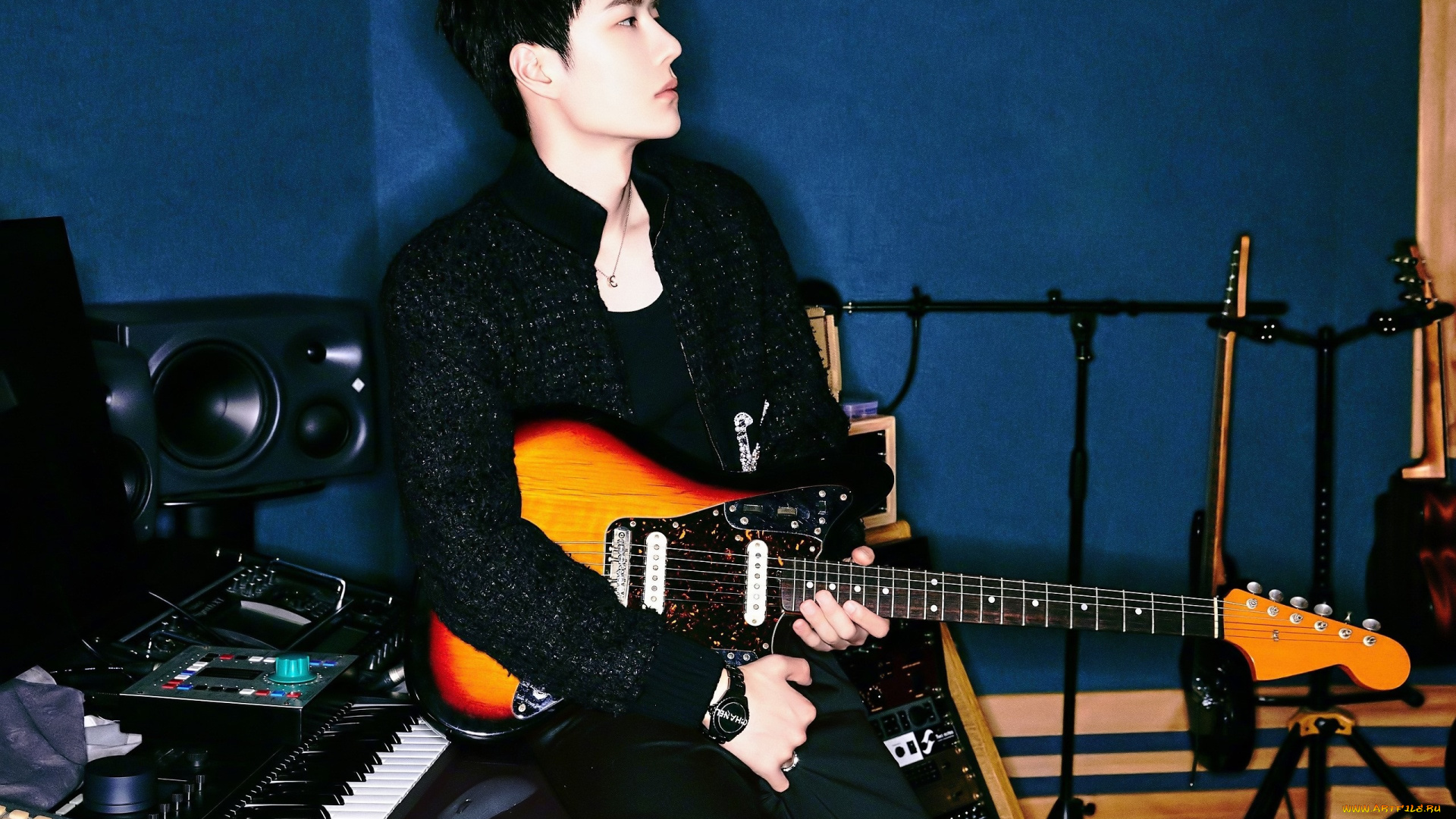 мужчины, wang, yi, bo, пиджак, гитара, инструменты, часы