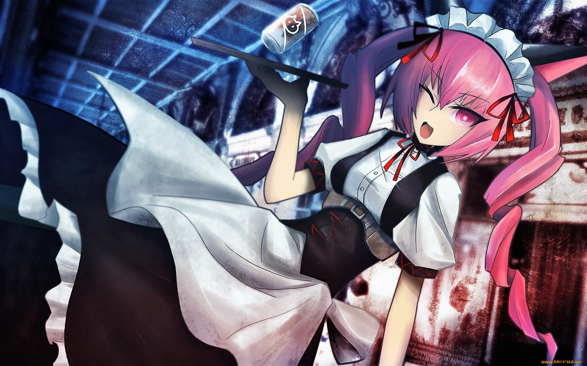 аниме, steins, gate, девушка, форма, поднос, банка