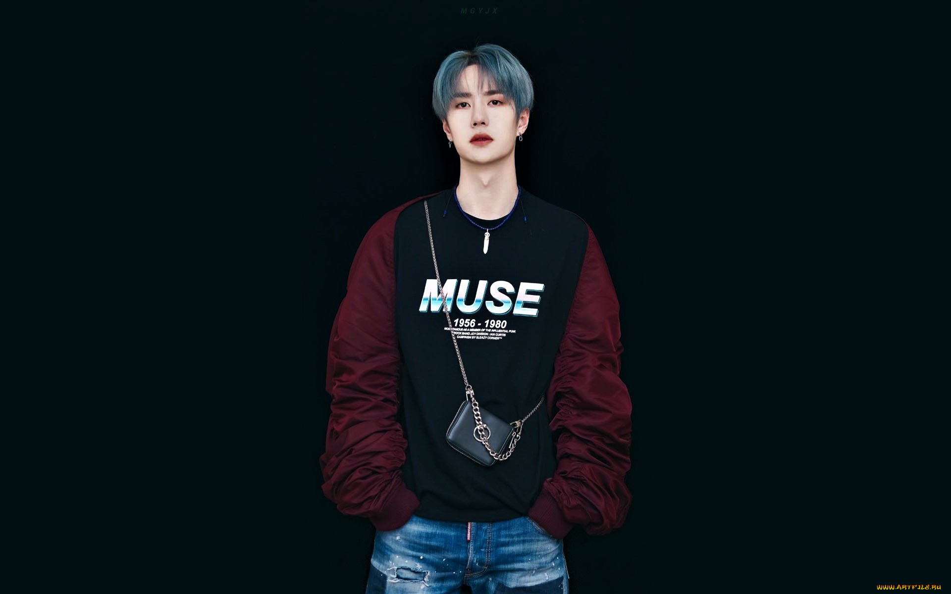 мужчины, wang, yi, bo, свитер, сумка, джинсы