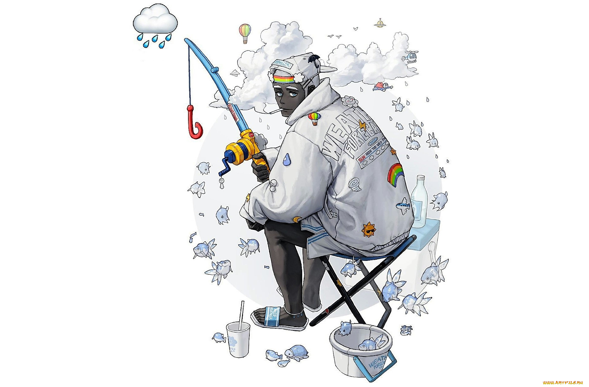 аниме, unknown, , другое, , парень, удочка, облака, рыбки, ведро