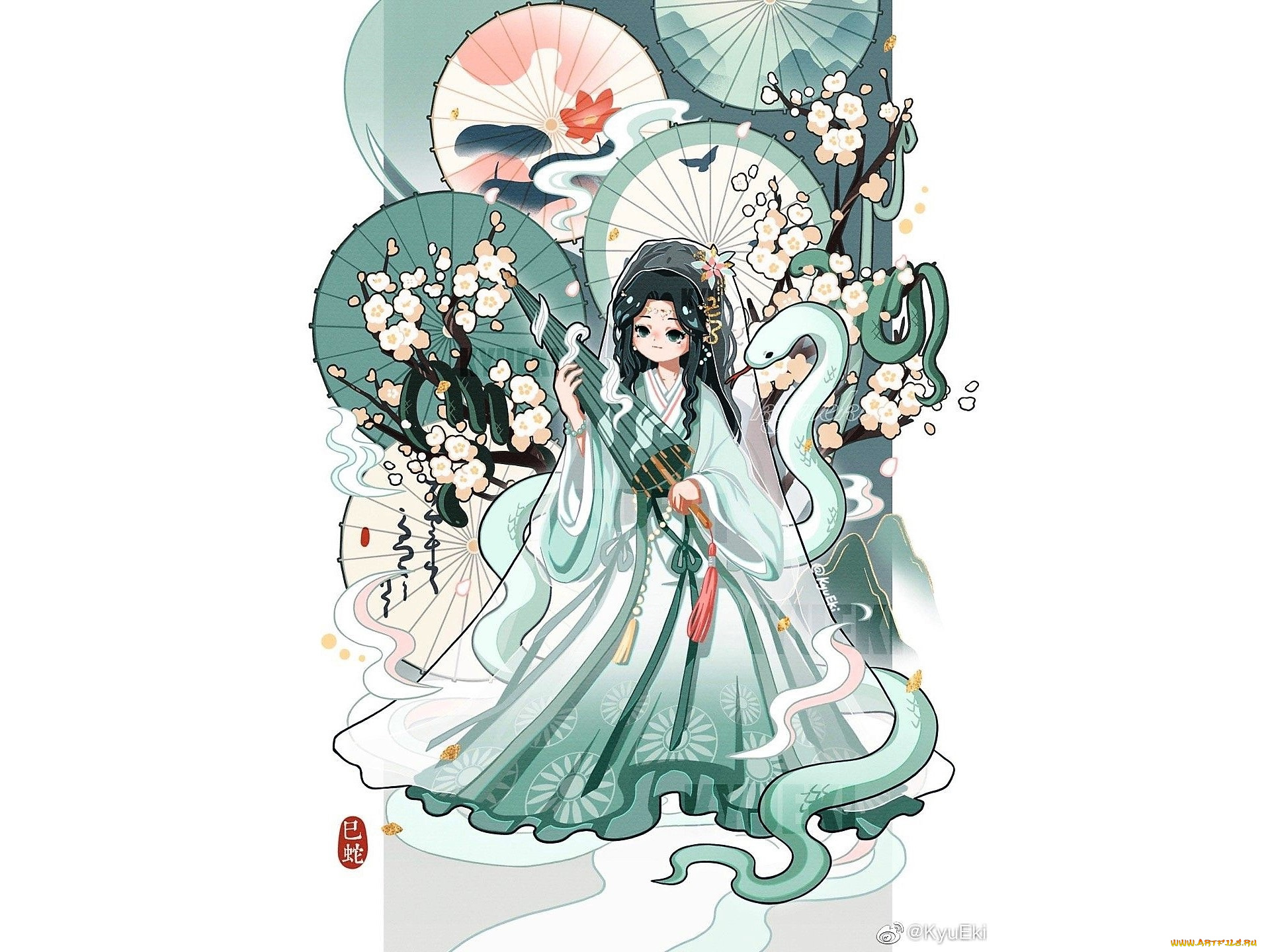 аниме, животные, , существа, девушка, зонты, змея