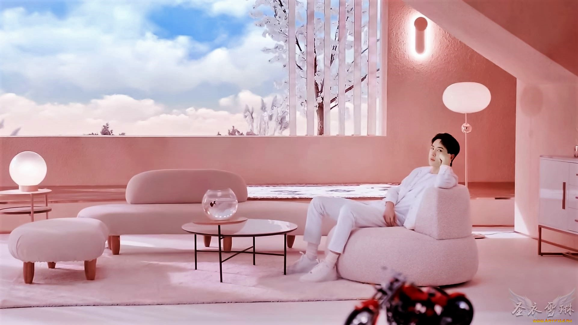 мужчины, wang, yi, bo, комната, окно, кресла, мотоцикл