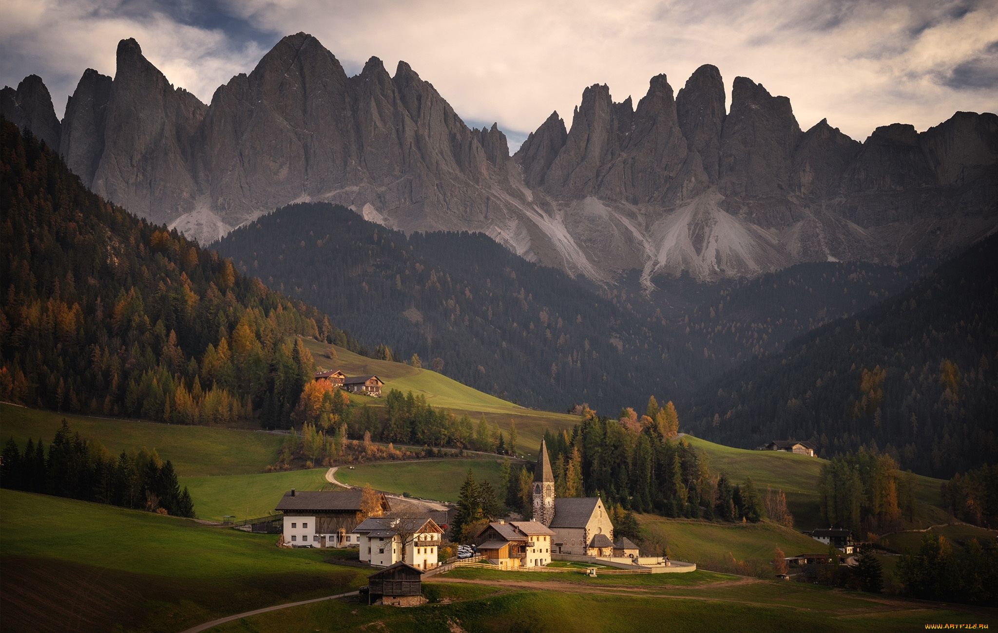 города, валь-де-фюнес, , санта-маддалена, , италия, горы, лес, долина, дома