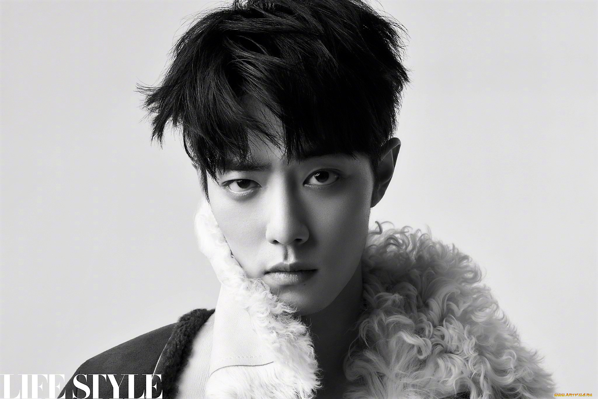 мужчины, xiao, zhan, лицо, воротник, мех