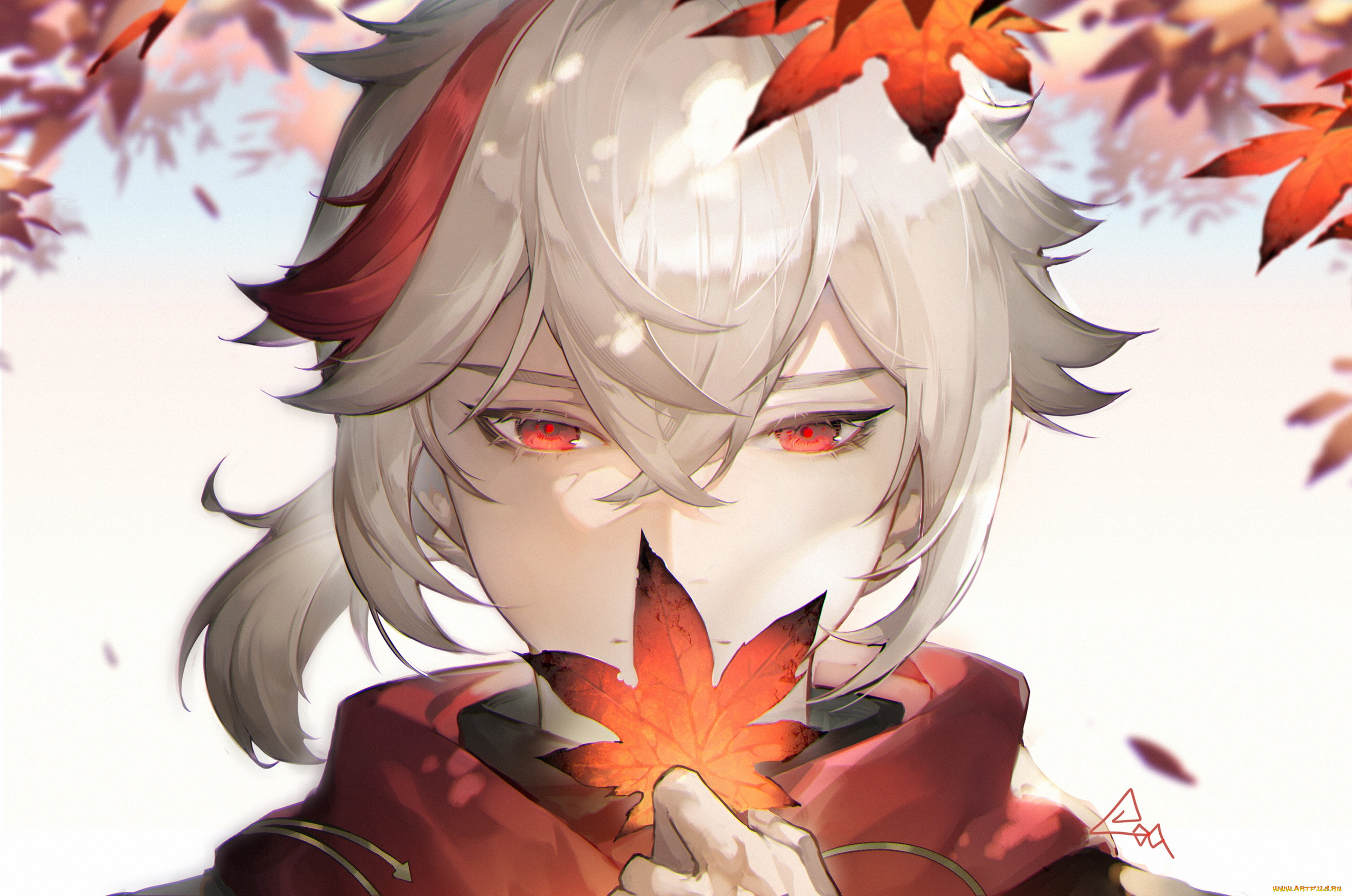 аниме, genshin, impact, лицо, листья