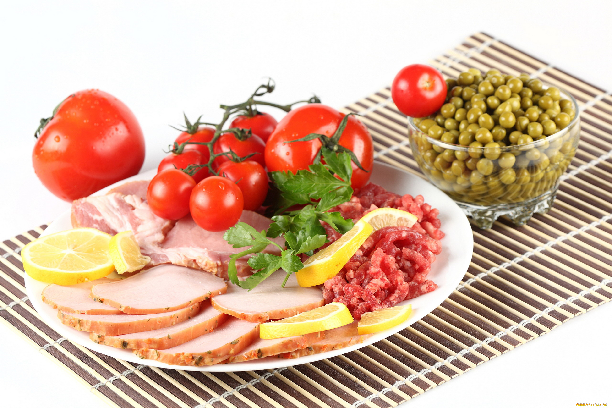 еда, разное, ветчина, фарш, горошек, зеленый, помидоры