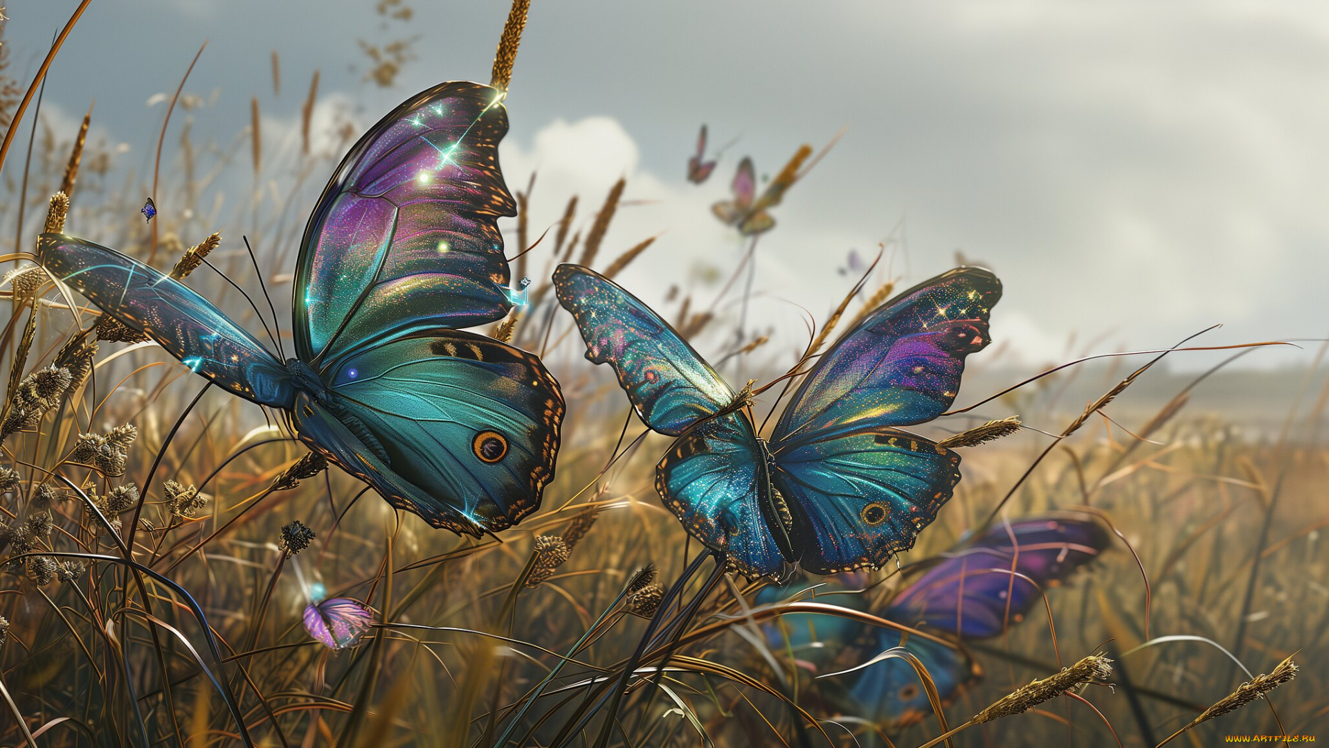3д, графика, животные, , animals, трава, бабочки, пара, арт