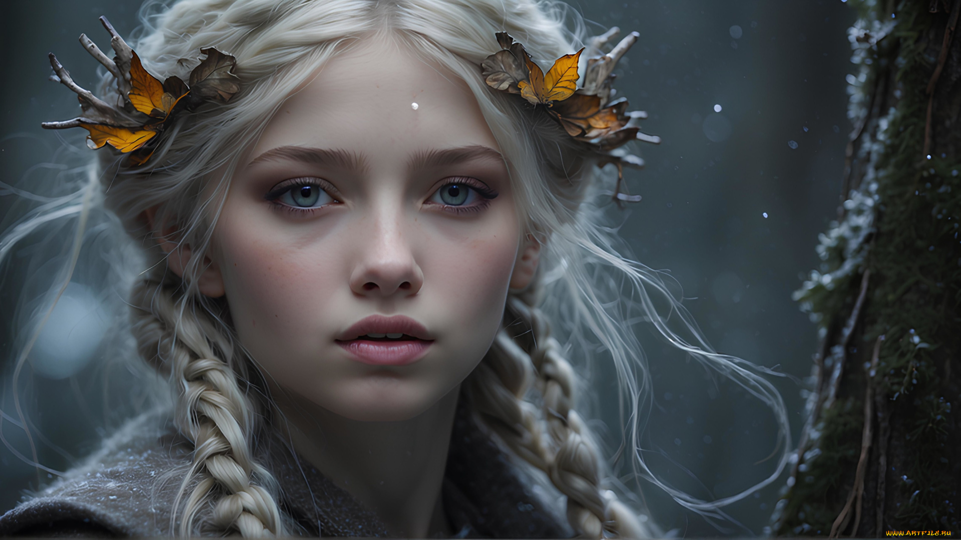 фэнтези, девушки, девушка, арт, волосы, ветки, листья, взгляд