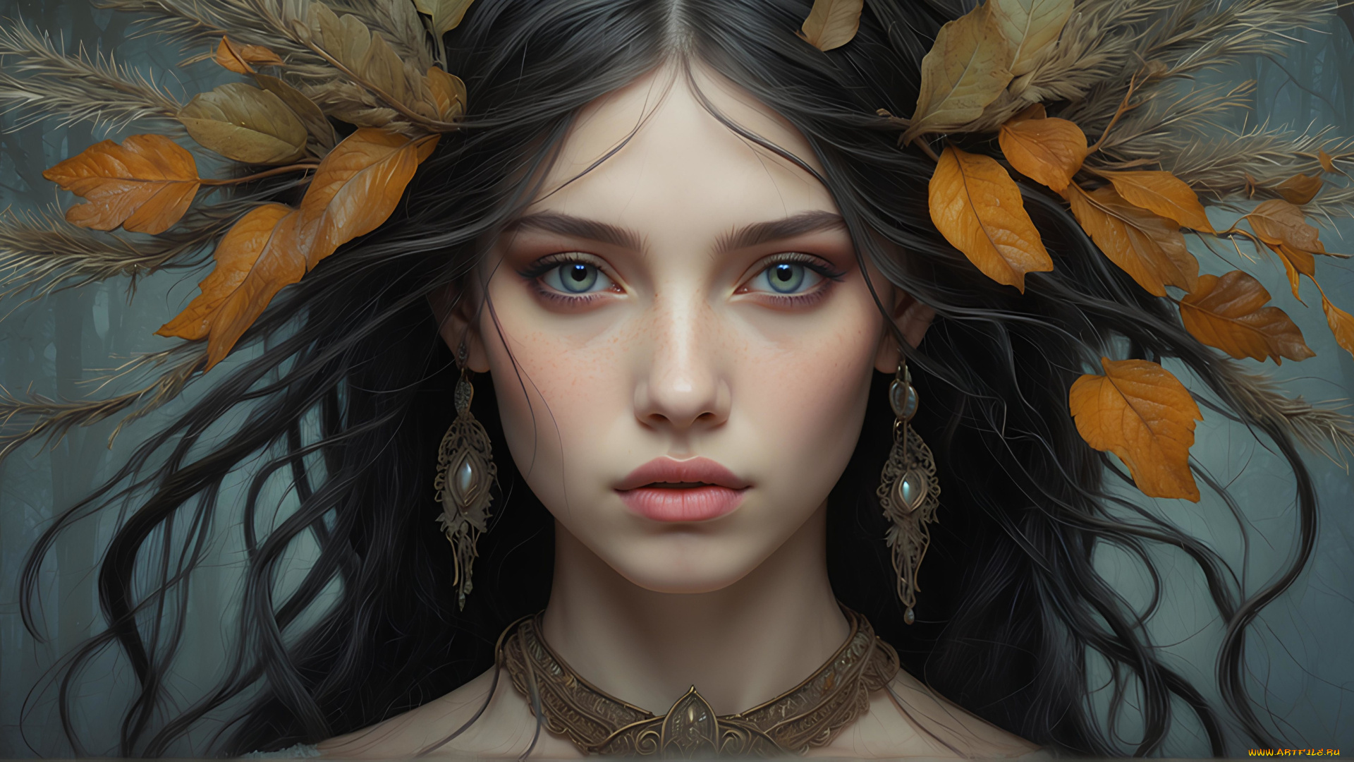 комп, , дизайн, разное, компьютерный, дизайн, девушка, арт, волосы, ветки, листья, взгляд