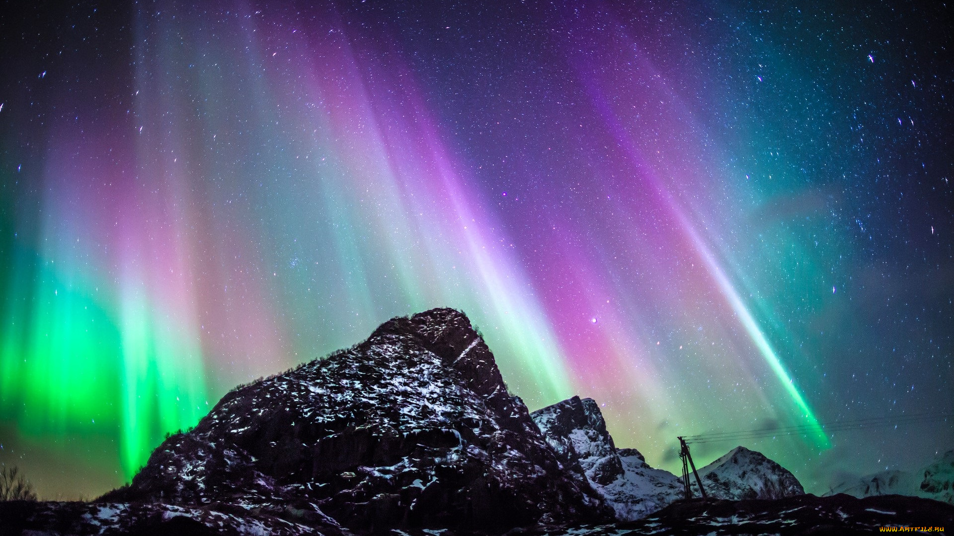 природа, северное, сияние, горы, снег, северное, сияние