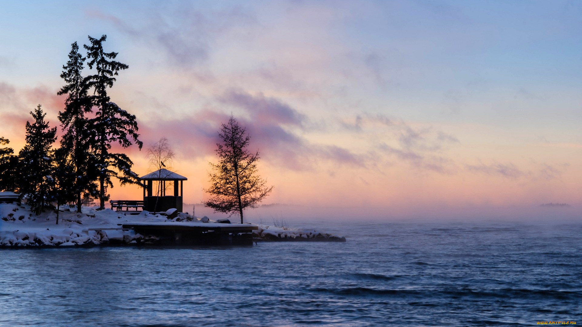 разное, сооружения, , постройки, море, снег, деревья, беседка, берег