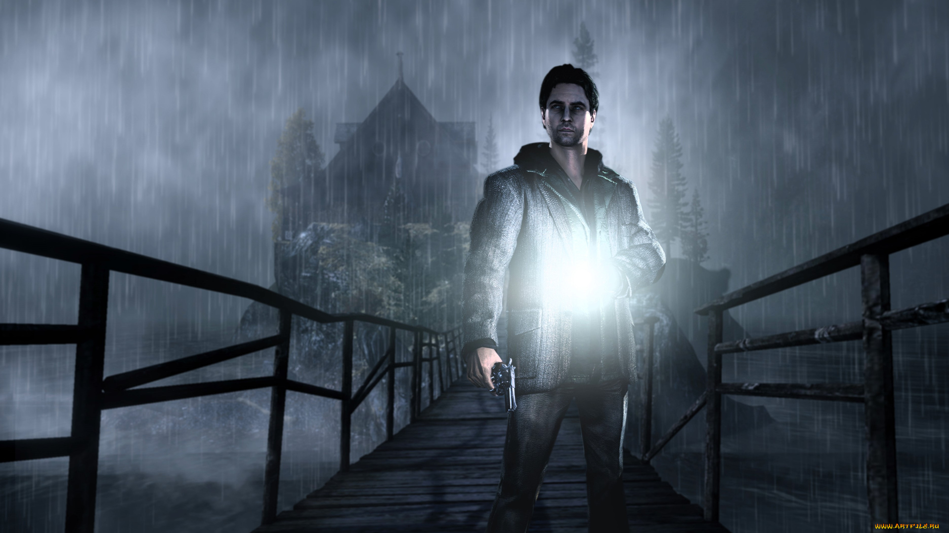 видео, игры, alan, wake, мужчина, пистолет, фонарь, мост, дождь