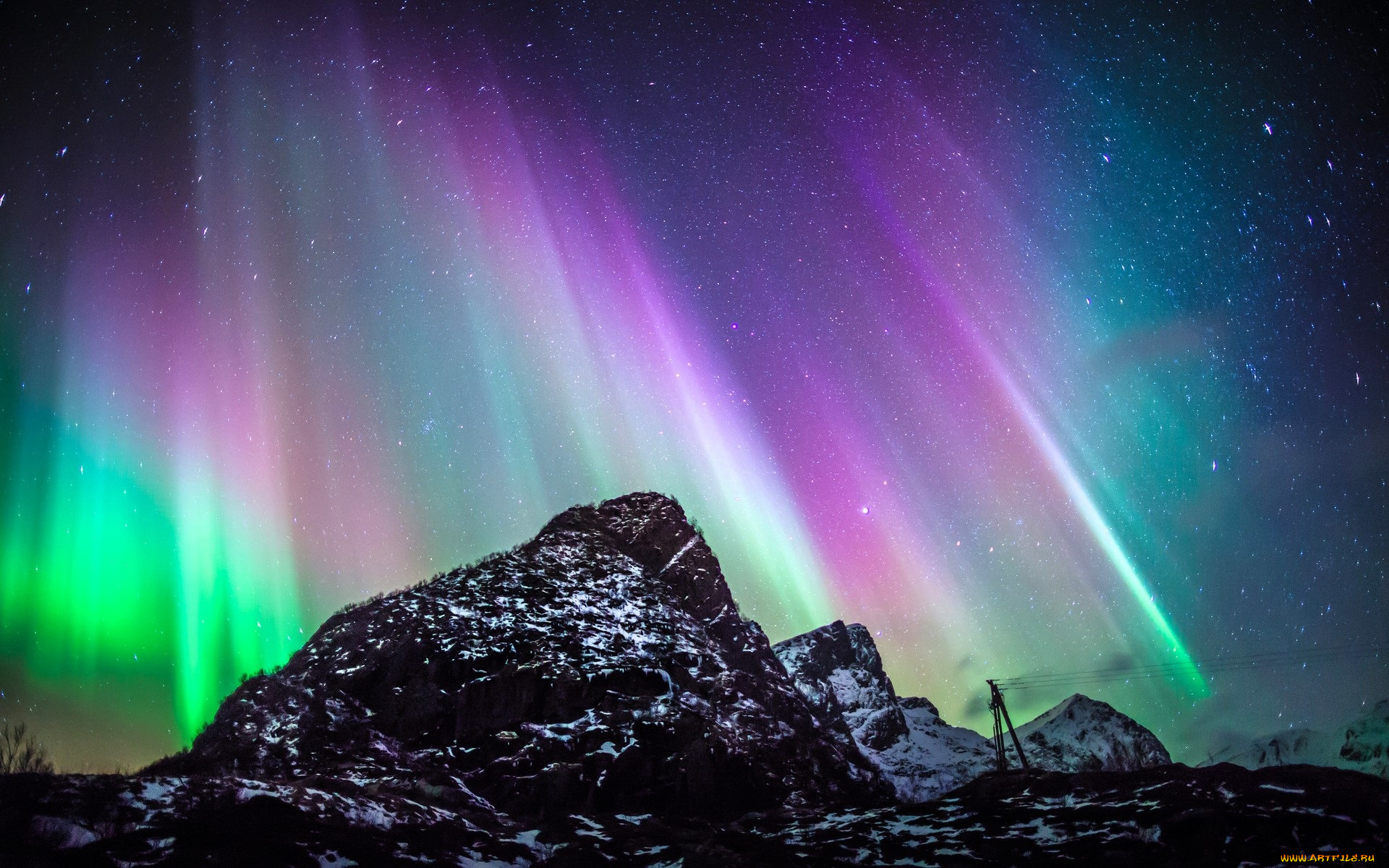 природа, северное, сияние, горы, снег, северное, сияние