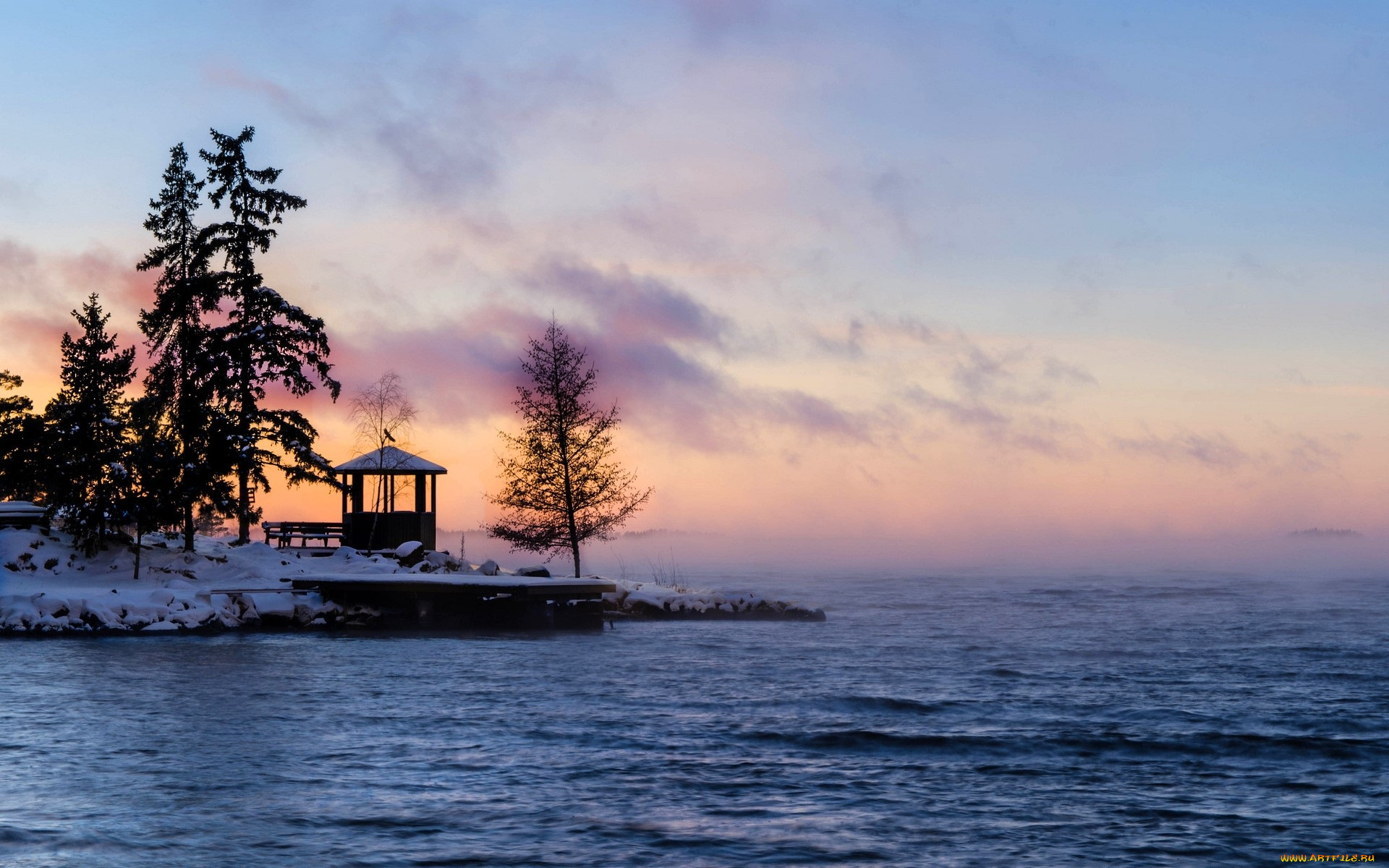 разное, сооружения, , постройки, море, снег, деревья, беседка, берег