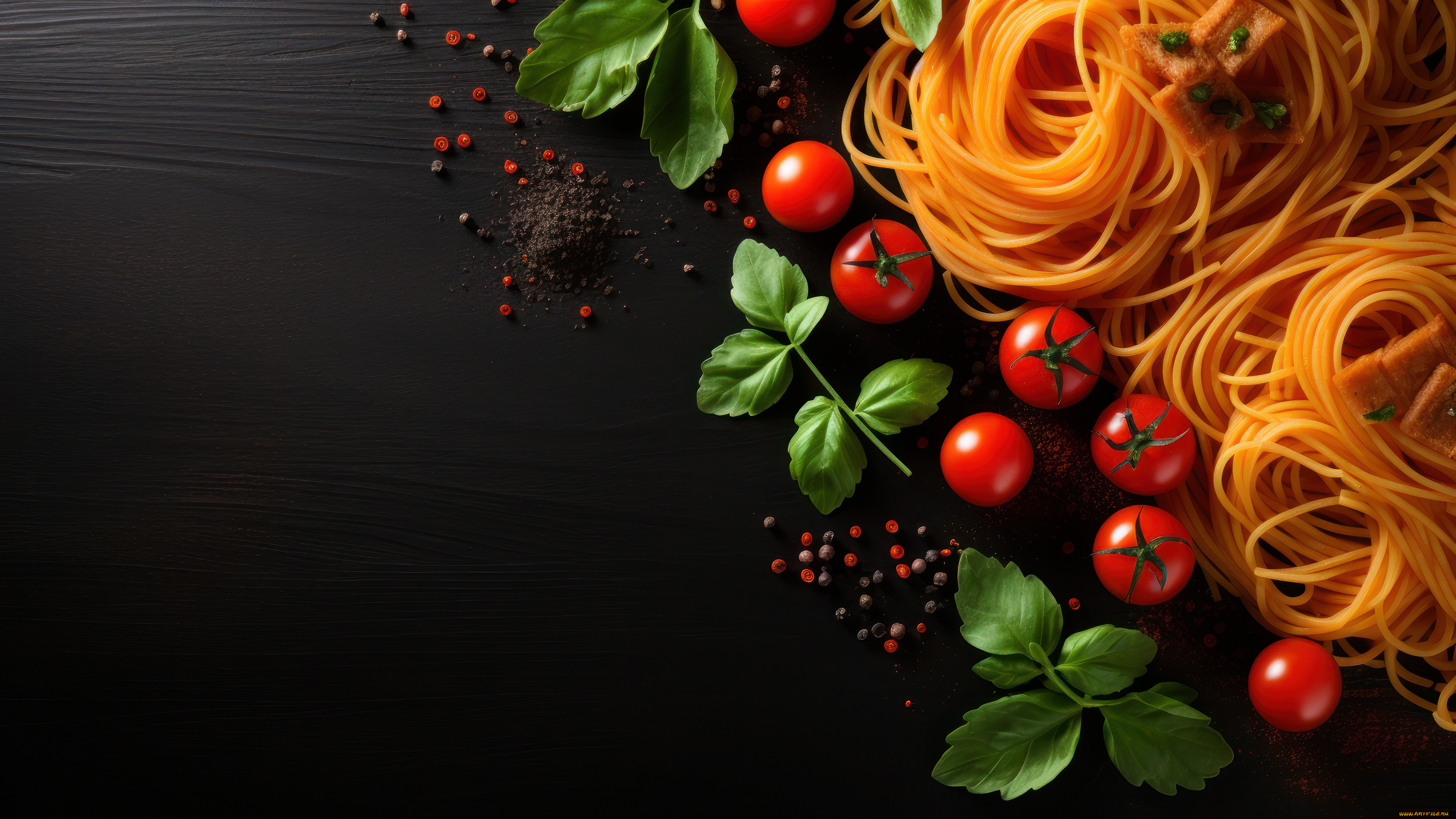 3д, графика, еда-, food, зелень, листья, темный, фон, доски, помидоры, спагетти, томаты