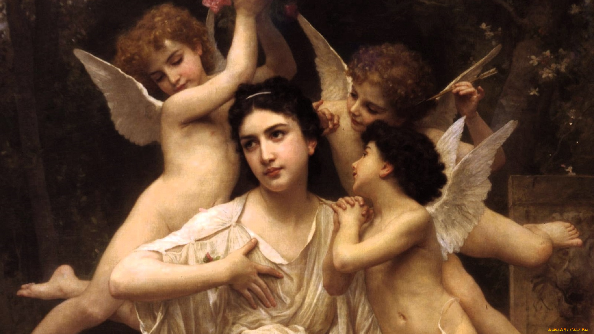 adolphe-william, bouguereau, рисованное, женщина, ангелы, цветы