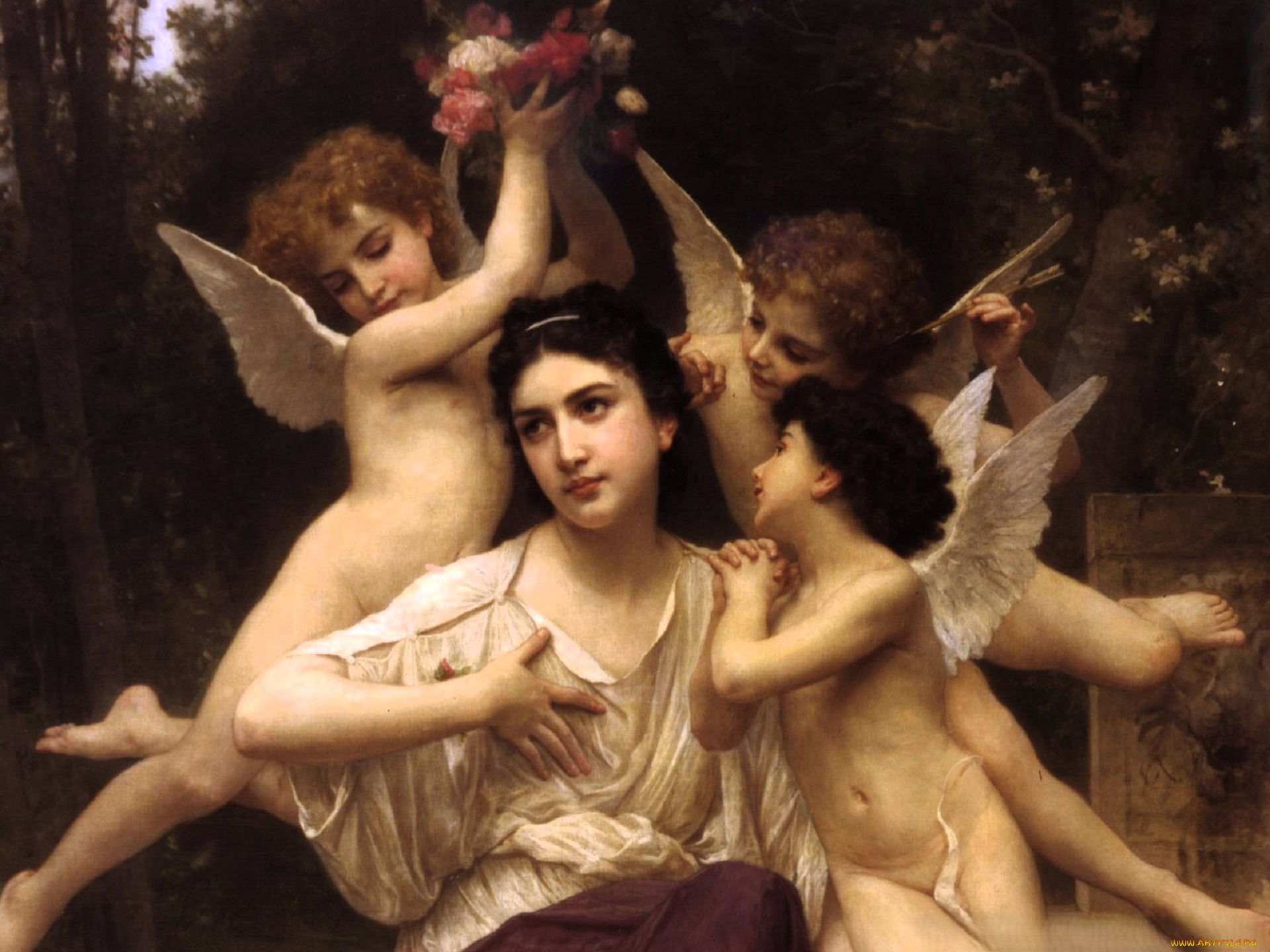 adolphe-william, bouguereau, рисованное, женщина, ангелы, цветы
