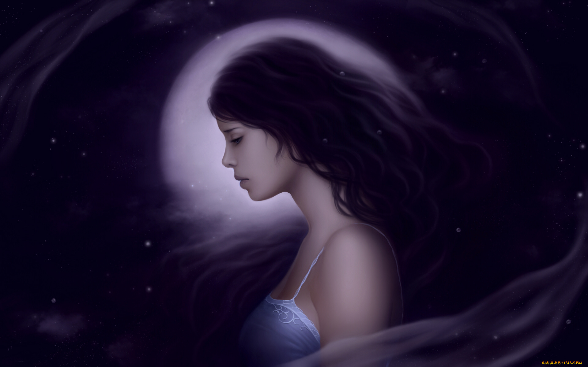 фэнтези, девушки, ночь, луна