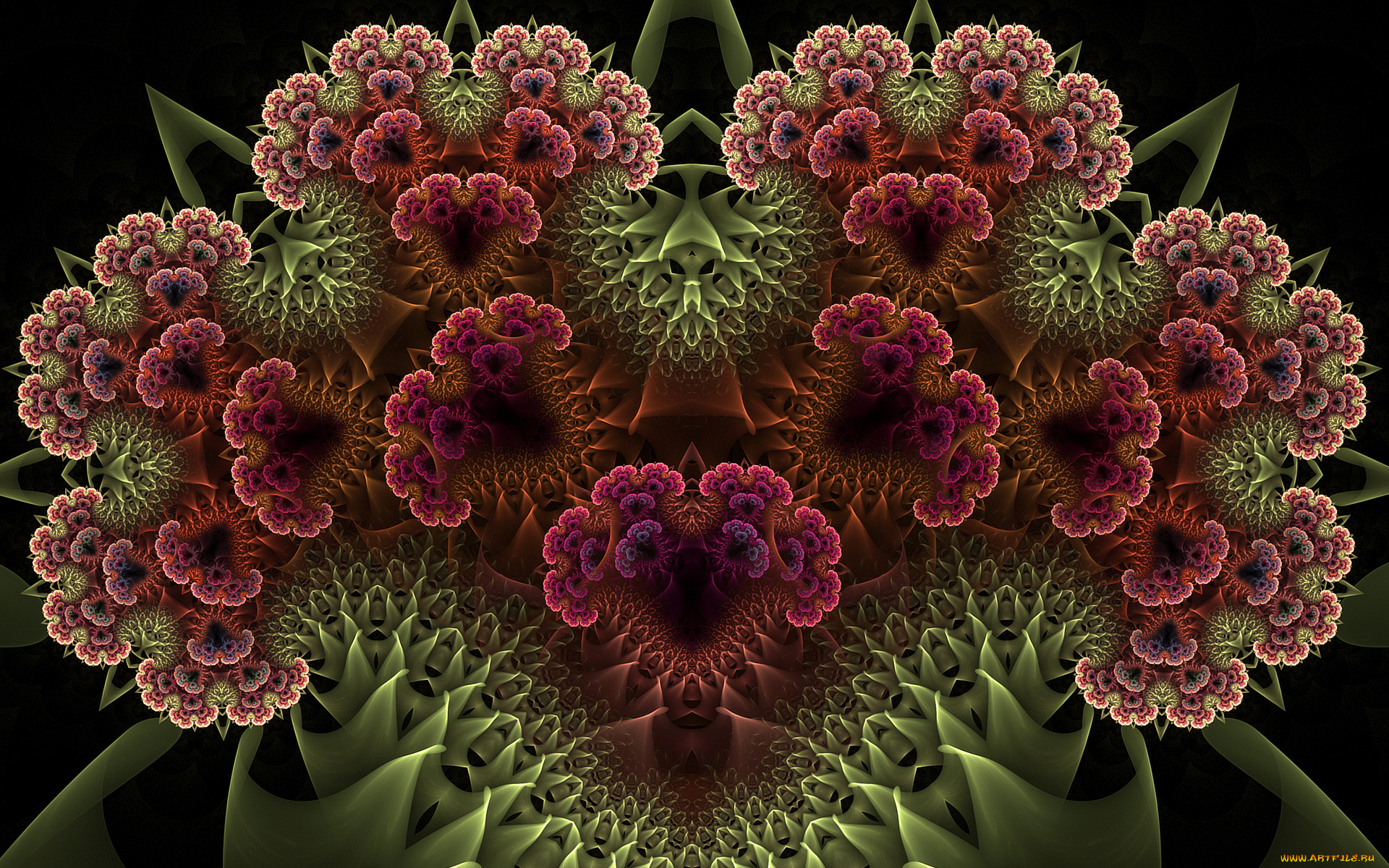 3д, графика, fractal, фракталы, зелень, цветы, чёрный, фон