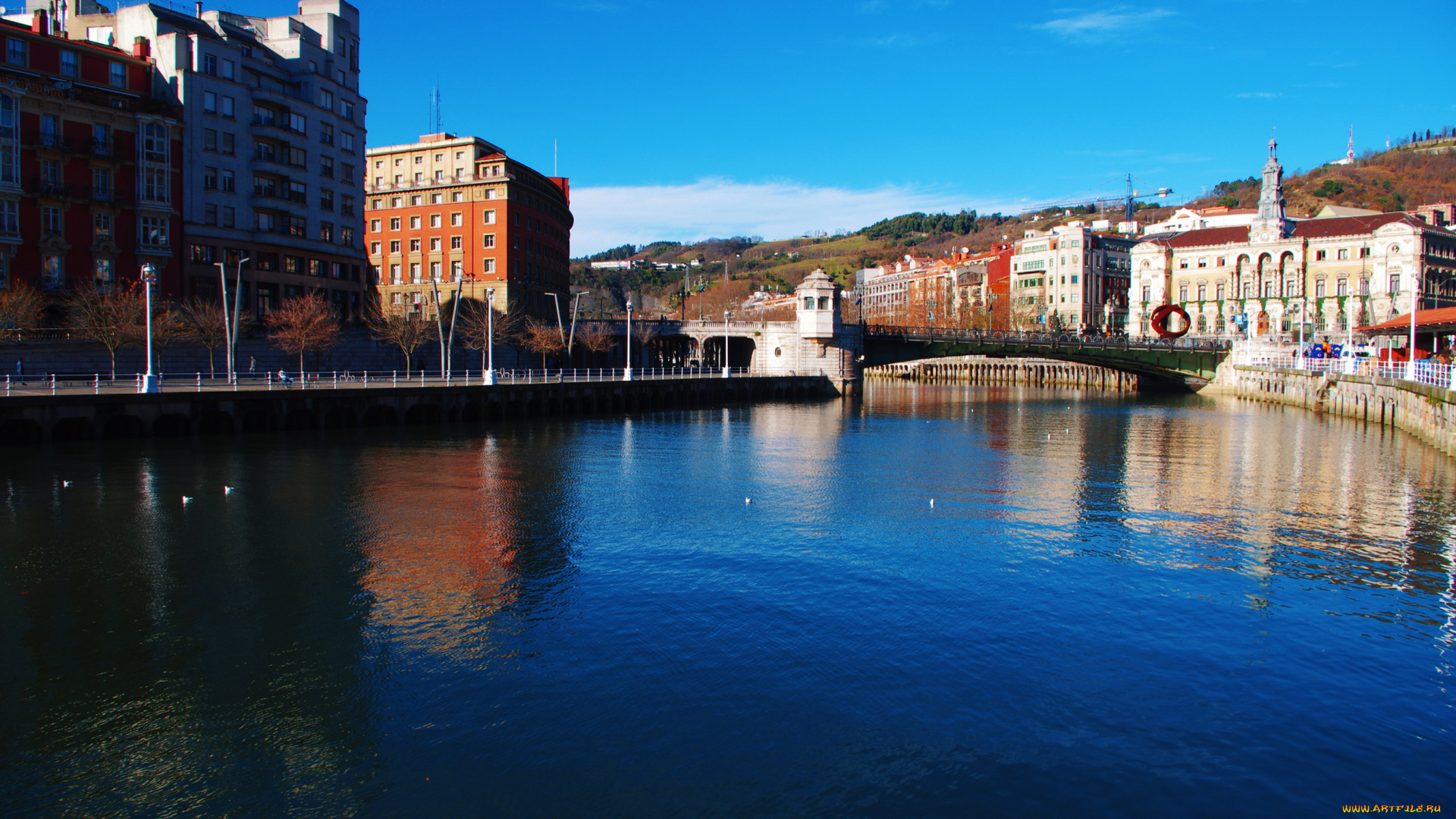 бильбао, испания, города, -, улицы, , площади, , набережные, дома, набережная, река, мост
