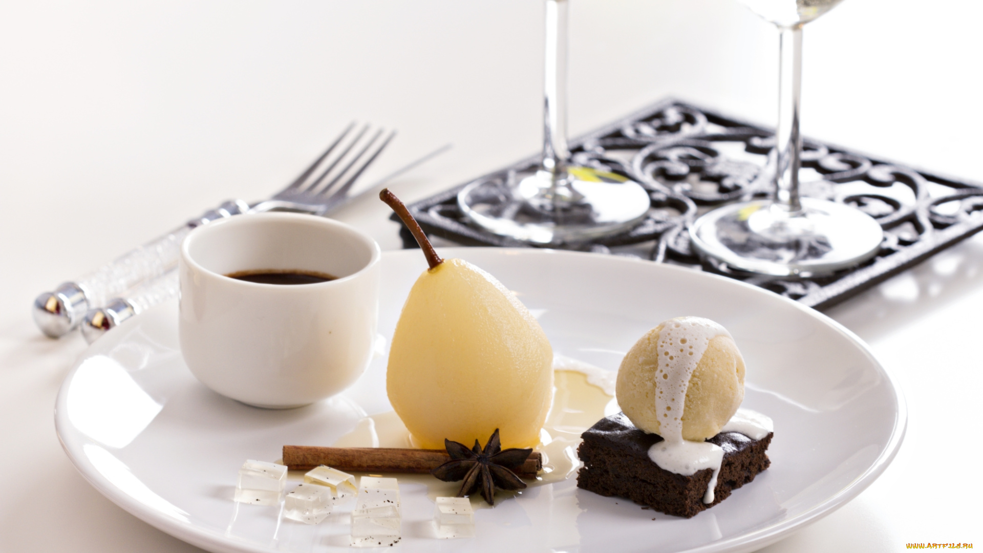 еда, мороженое, , десерты, тарелка, кофе, корица, гвоздика