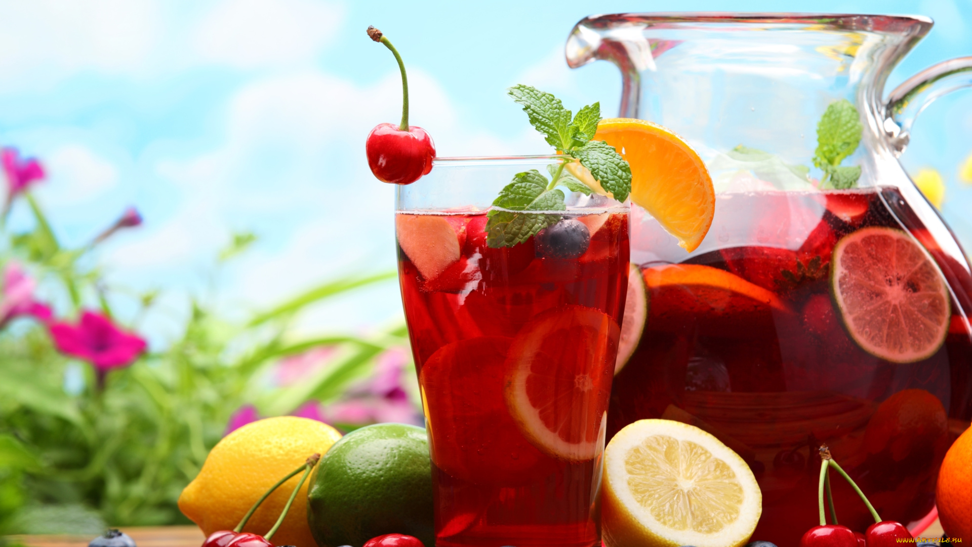 еда, напитки, мята, графин, лимон, лайм, стакан, сок, вишни
