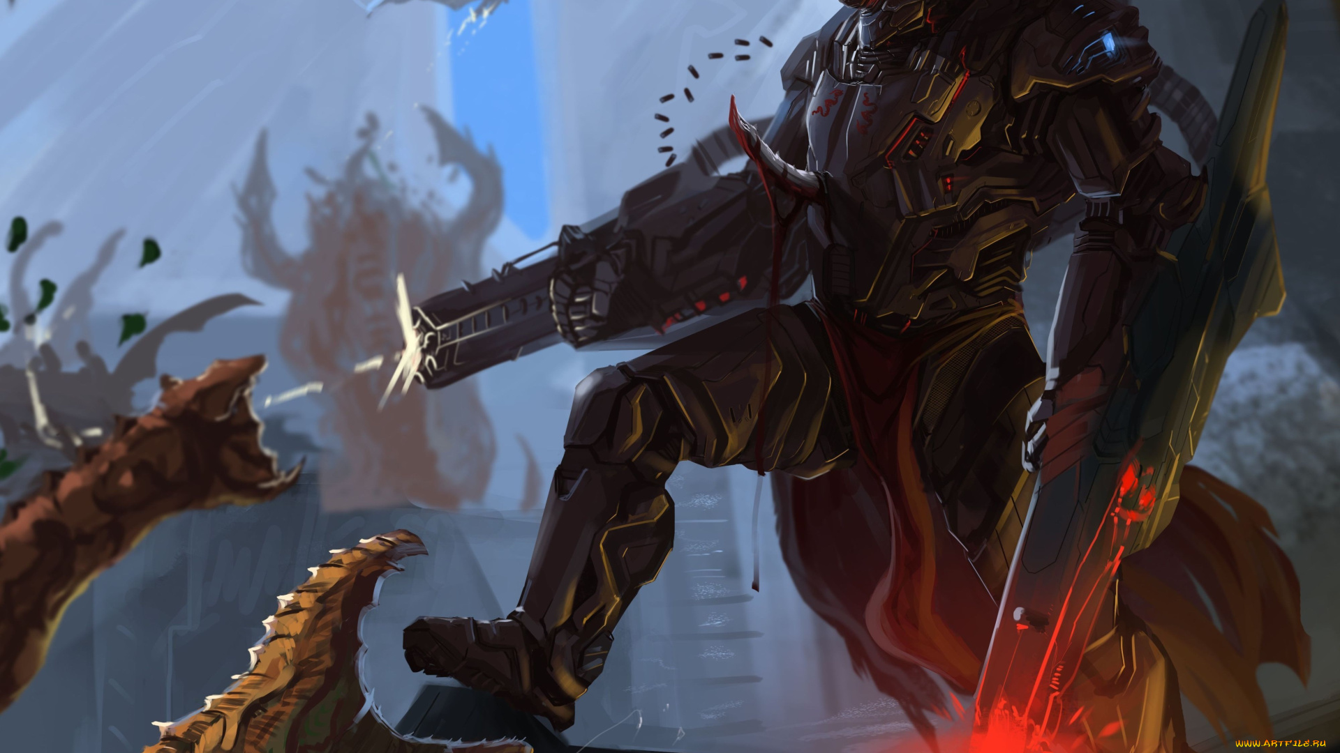 фэнтези, люди, автомат, монстры, сражение, воин, солдат