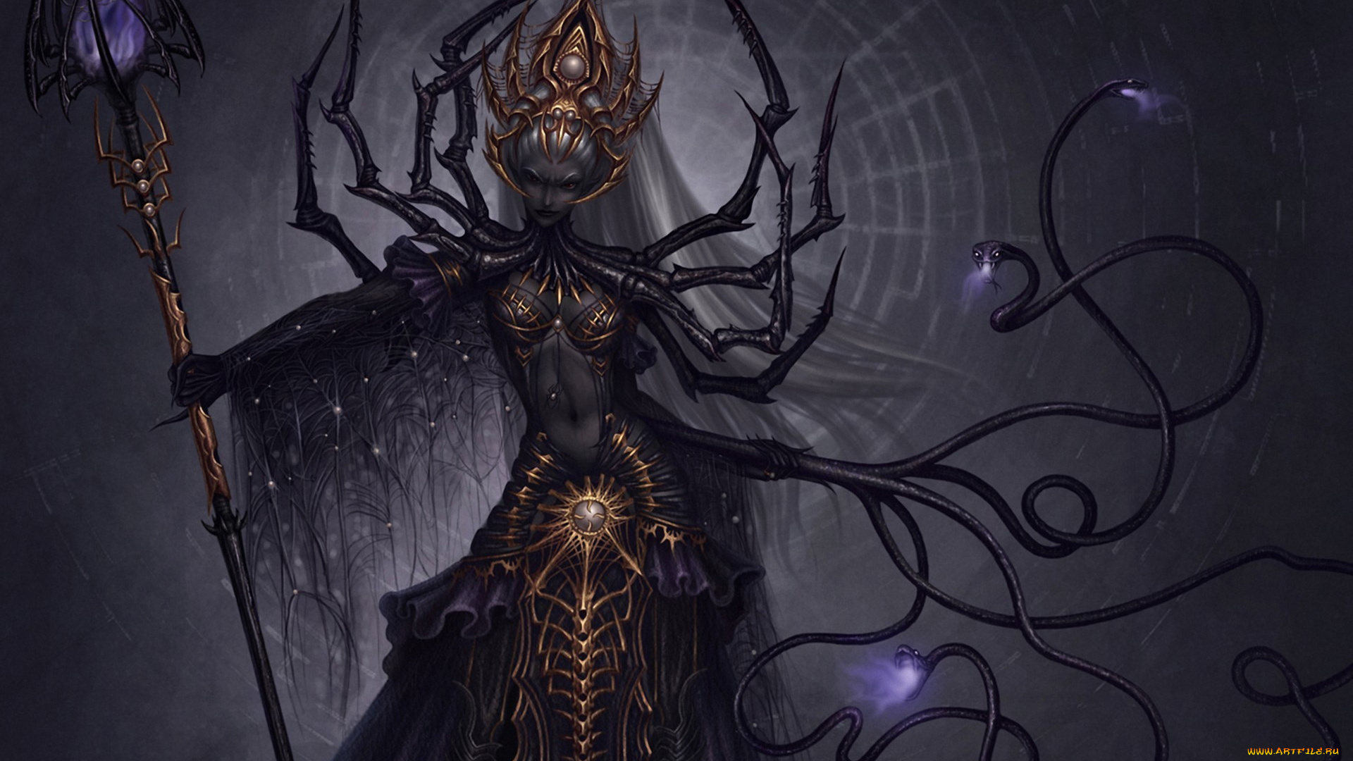 фэнтези, существа, иной, мир, существо, посох, паутина