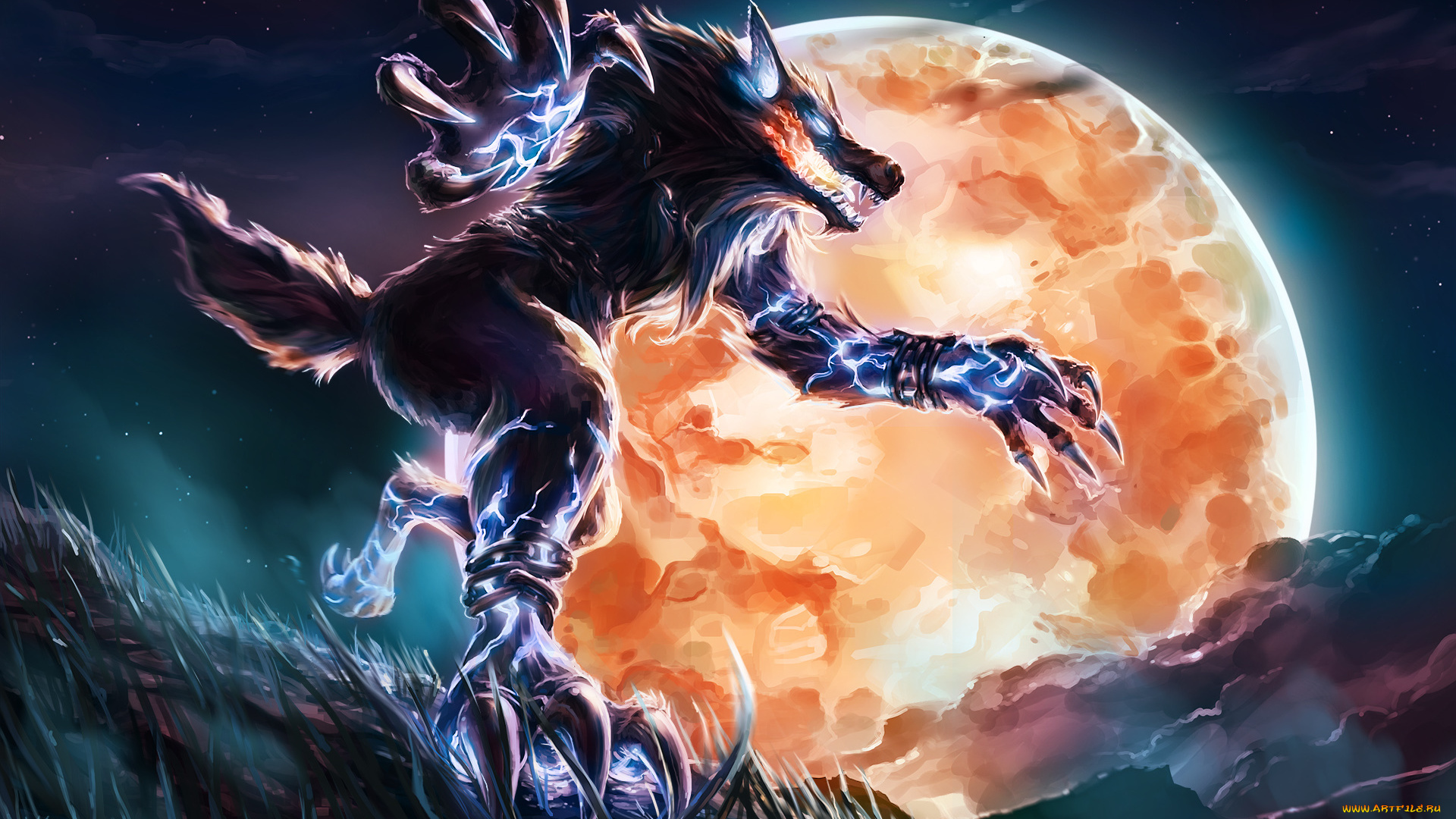 фэнтези, существа, существо, волк, оборотень, поная, луна