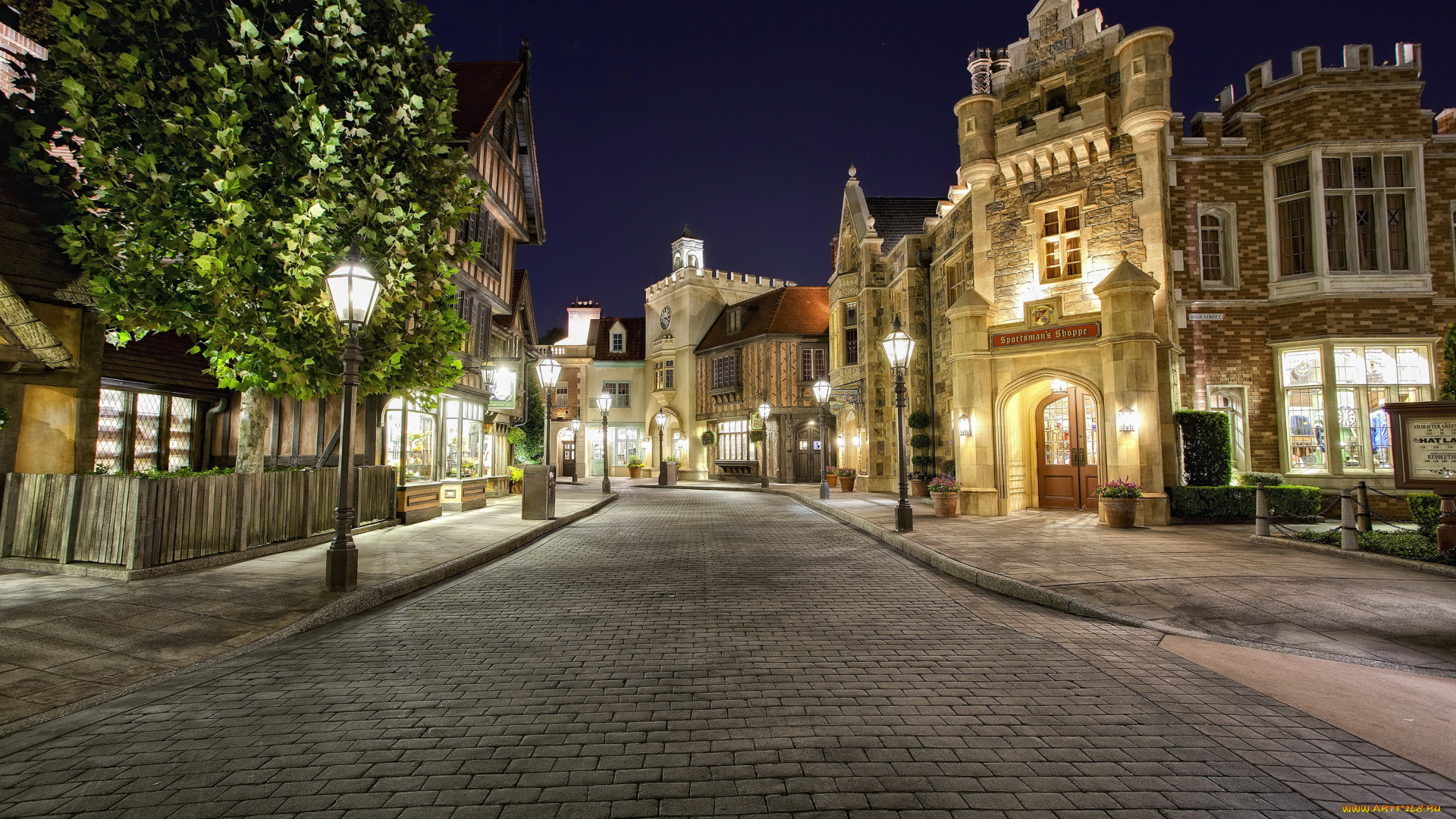 города, диснейленд, сша, калифорния, анахайм, дизайн, hdr, ночь, парки, дома, улица, фонари